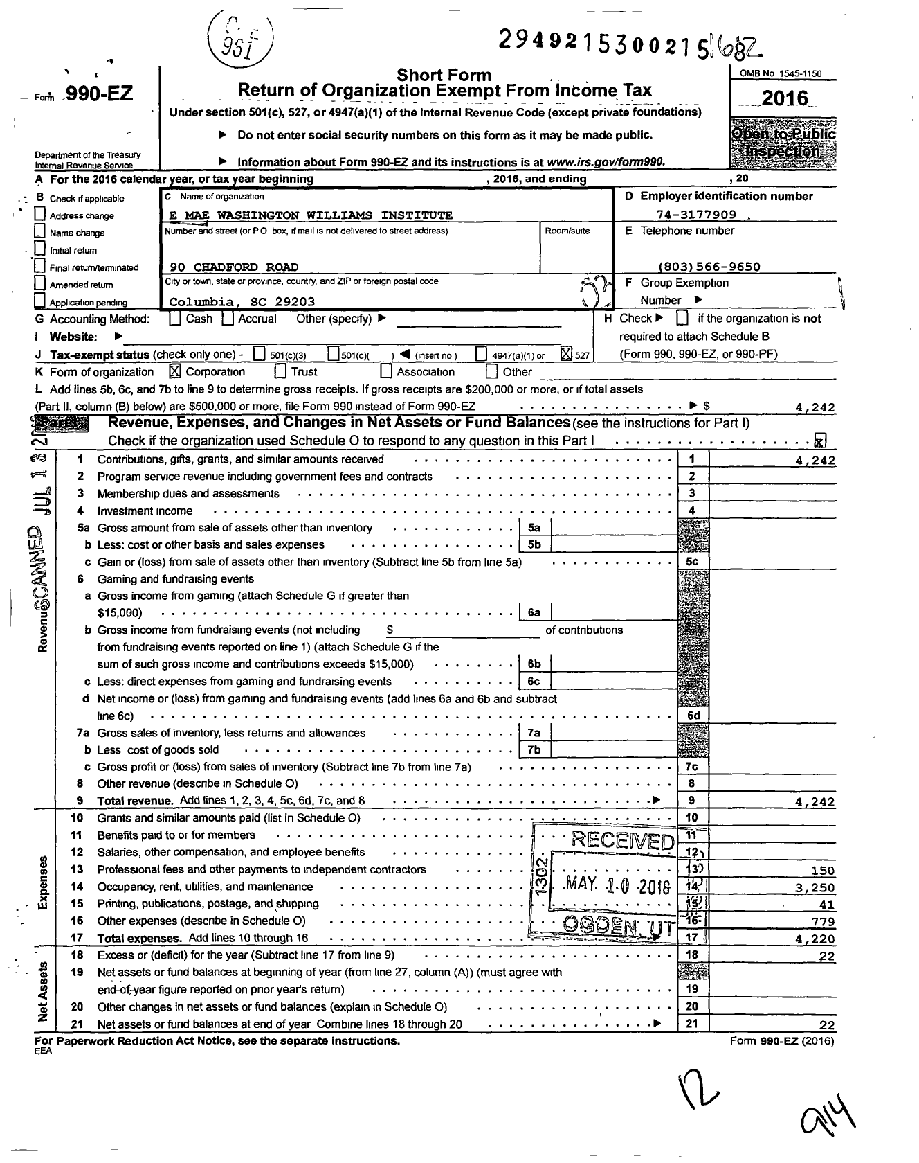 Image of first page of 2016 Form 990EZ for E Mae Washington Williams Institute