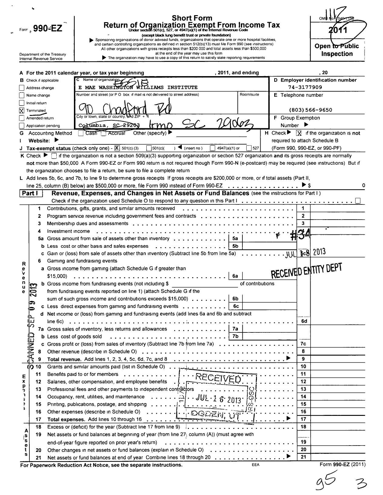 Image of first page of 2011 Form 990EZ for E Mae Washington Williams Institute