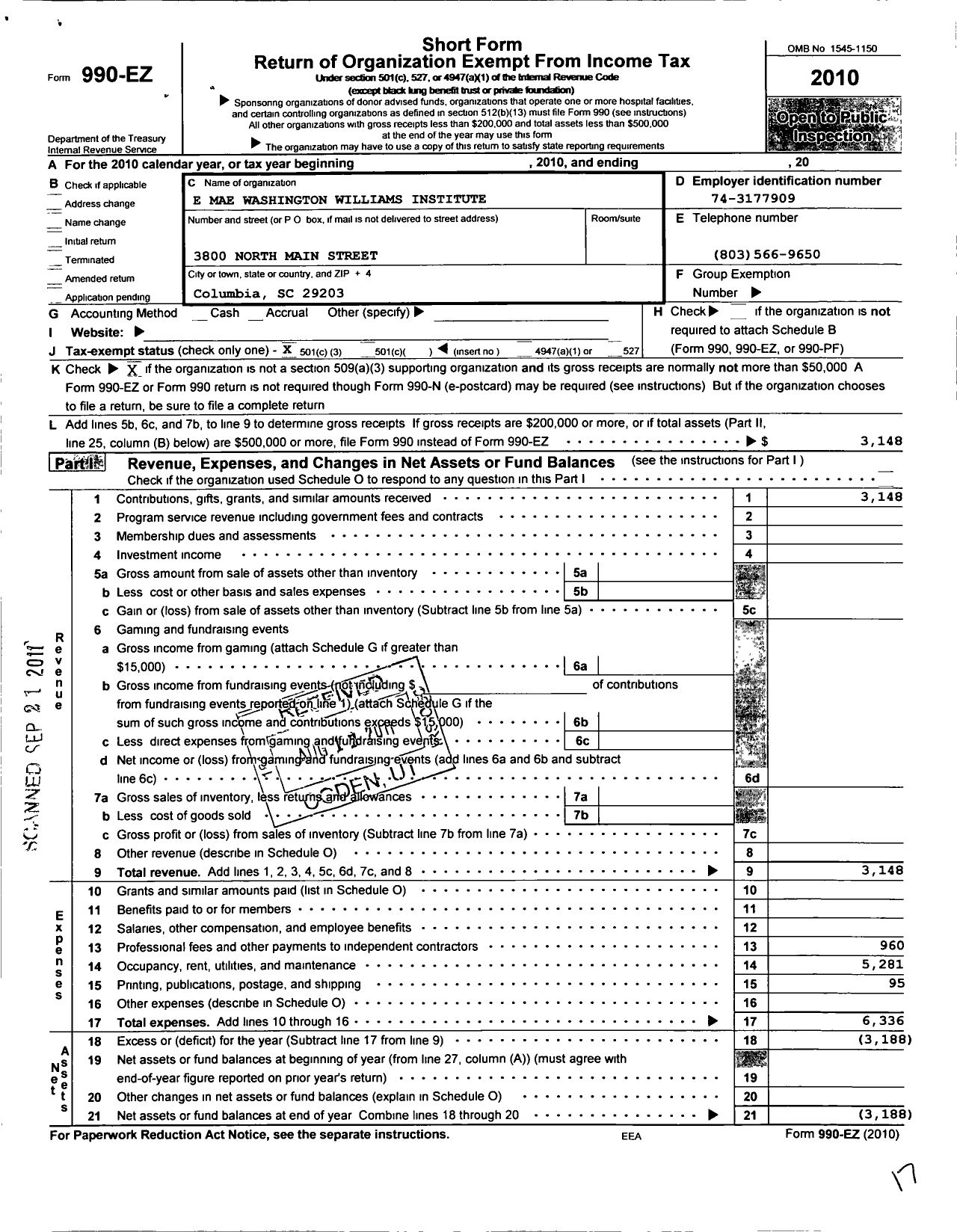 Image of first page of 2010 Form 990EZ for E Mae Washington Williams Institute