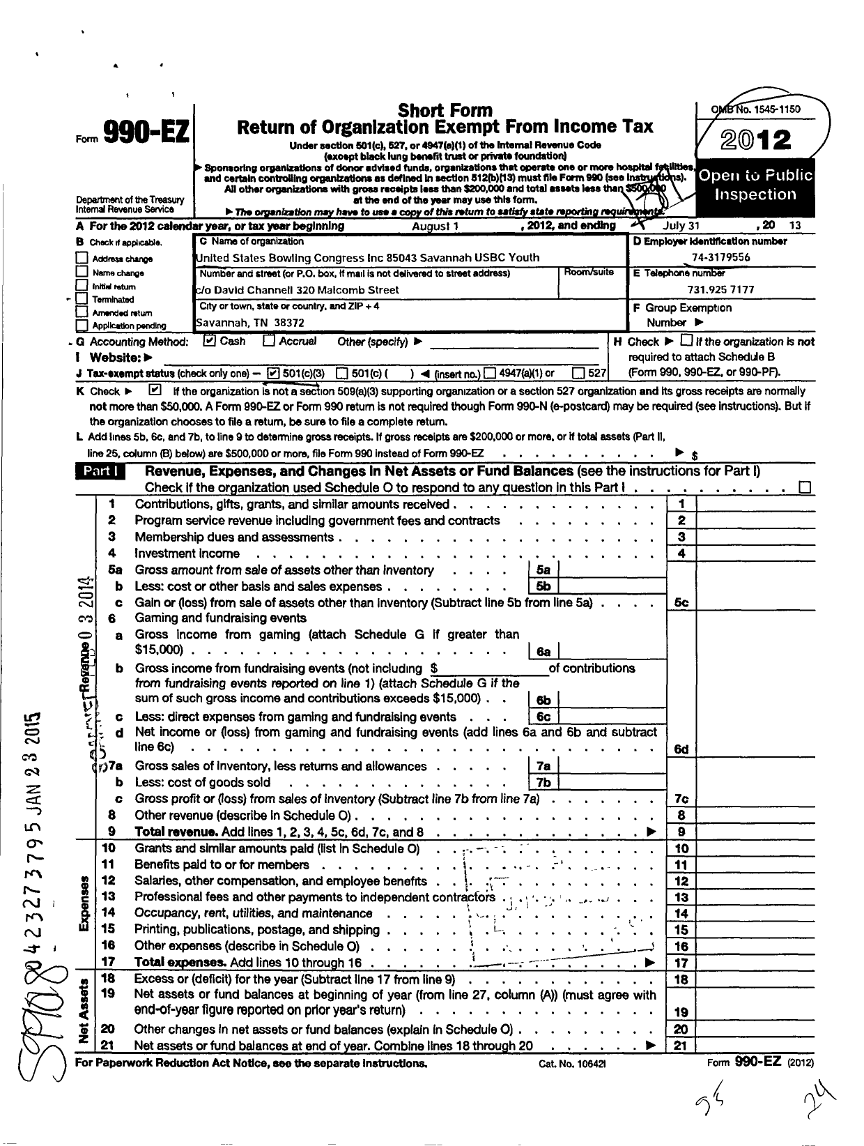 Image of first page of 2012 Form 990EZ for United States Bowling Congress - 85043 Savannah Usbc Youth
