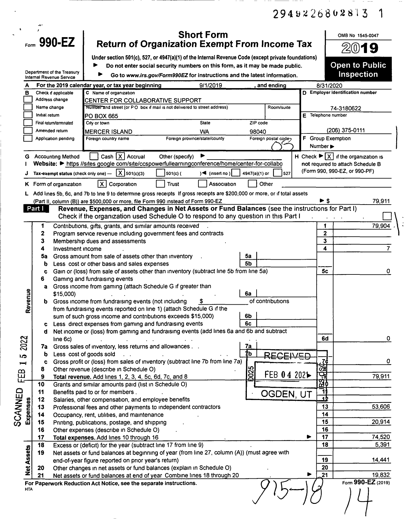 Image of first page of 2019 Form 990EZ for Center for Collaborative Support