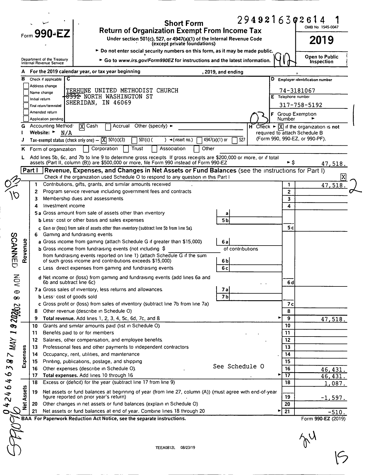 Image of first page of 2019 Form 990EZ for Terhune United Methodist Church