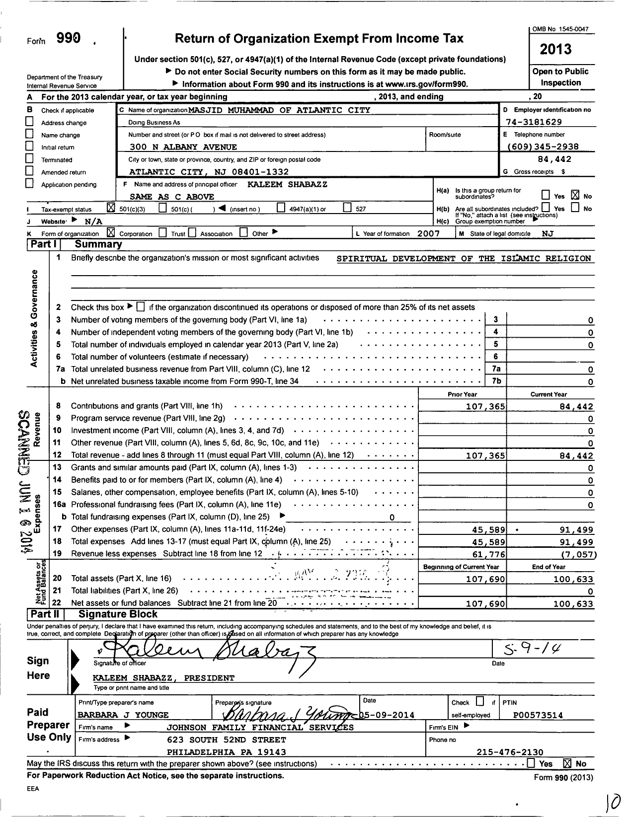 Image of first page of 2013 Form 990 for Masjid Muhammad of Atlantic City