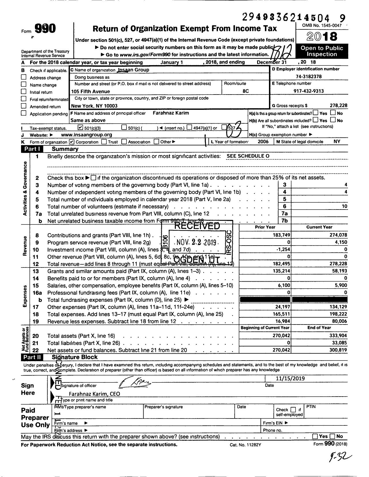 Image of first page of 2018 Form 990 for Insaan Group