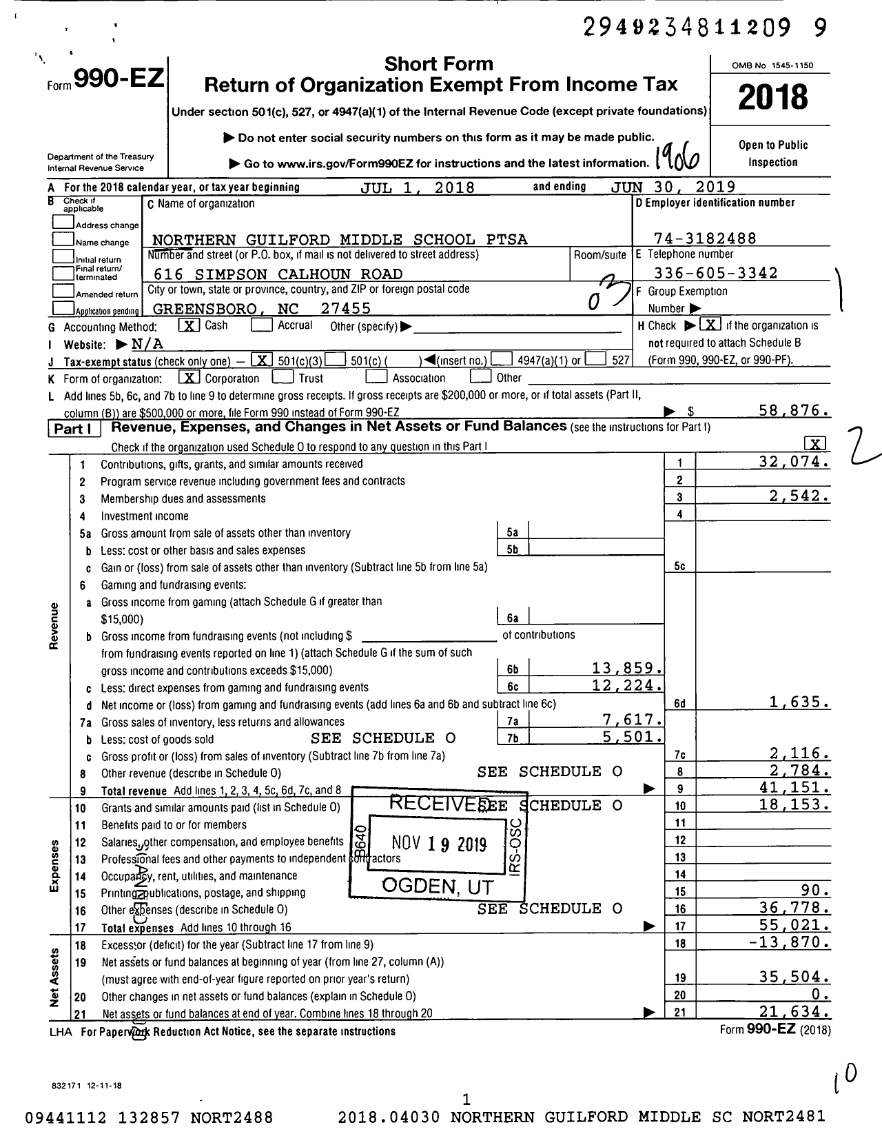 Image of first page of 2018 Form 990EZ for North Carolina PTA - Northern Guilford Middle School PTS