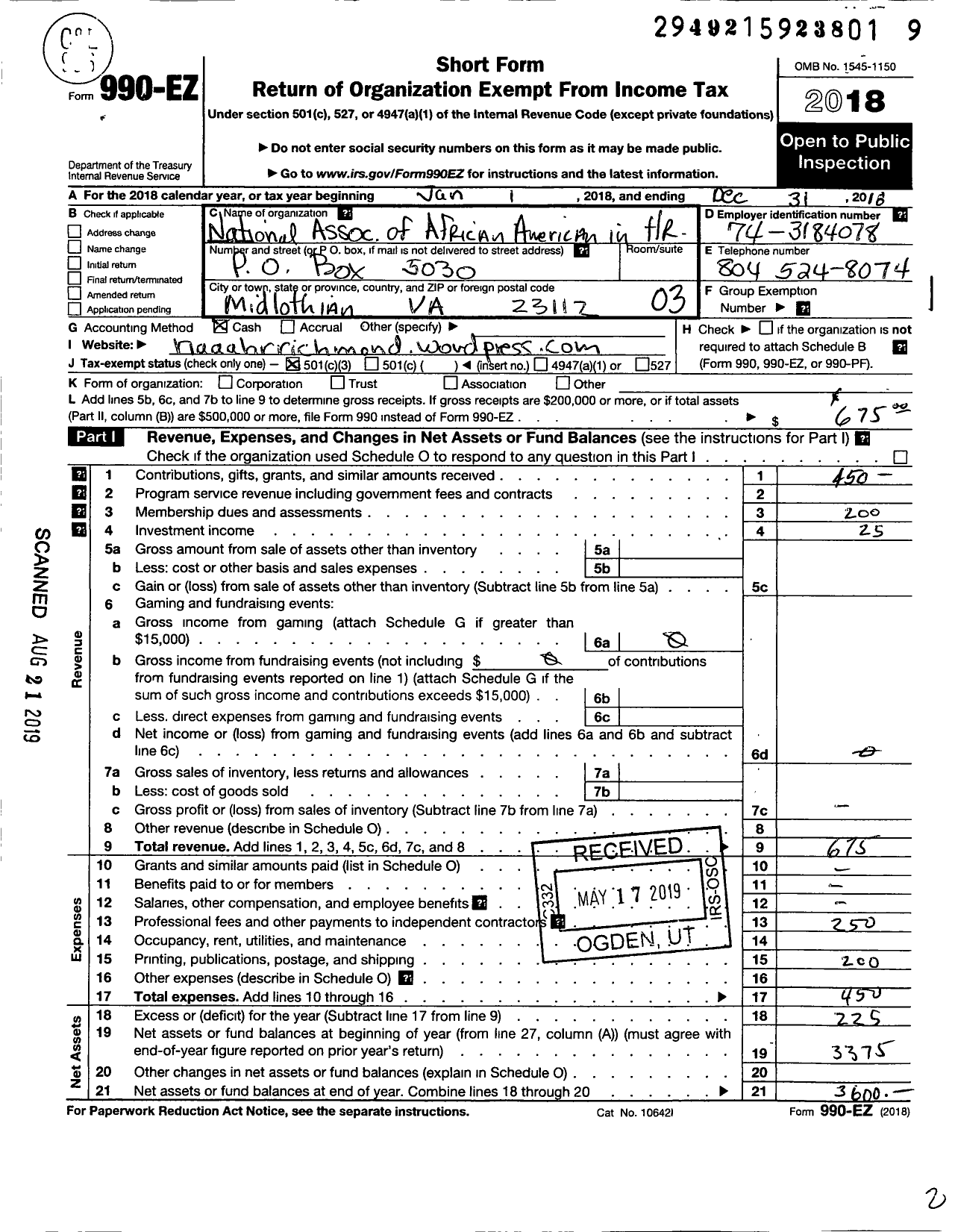 Image of first page of 2018 Form 990EZ for National Association of African Americans in Human Resources Richmond