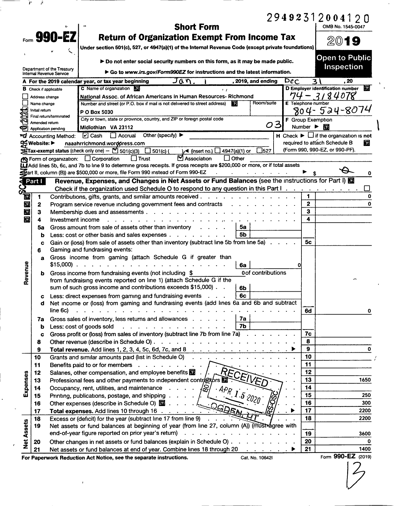 Image of first page of 2019 Form 990EZ for National Association of African Americans in Human Resources Richmond