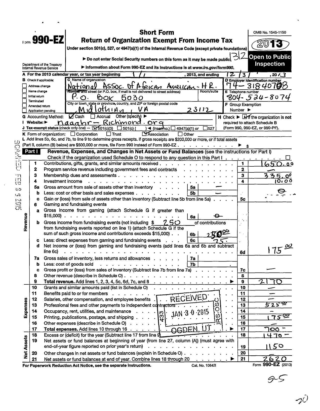 Image of first page of 2013 Form 990EZ for National Association of African Americans in Human Resources Richmond