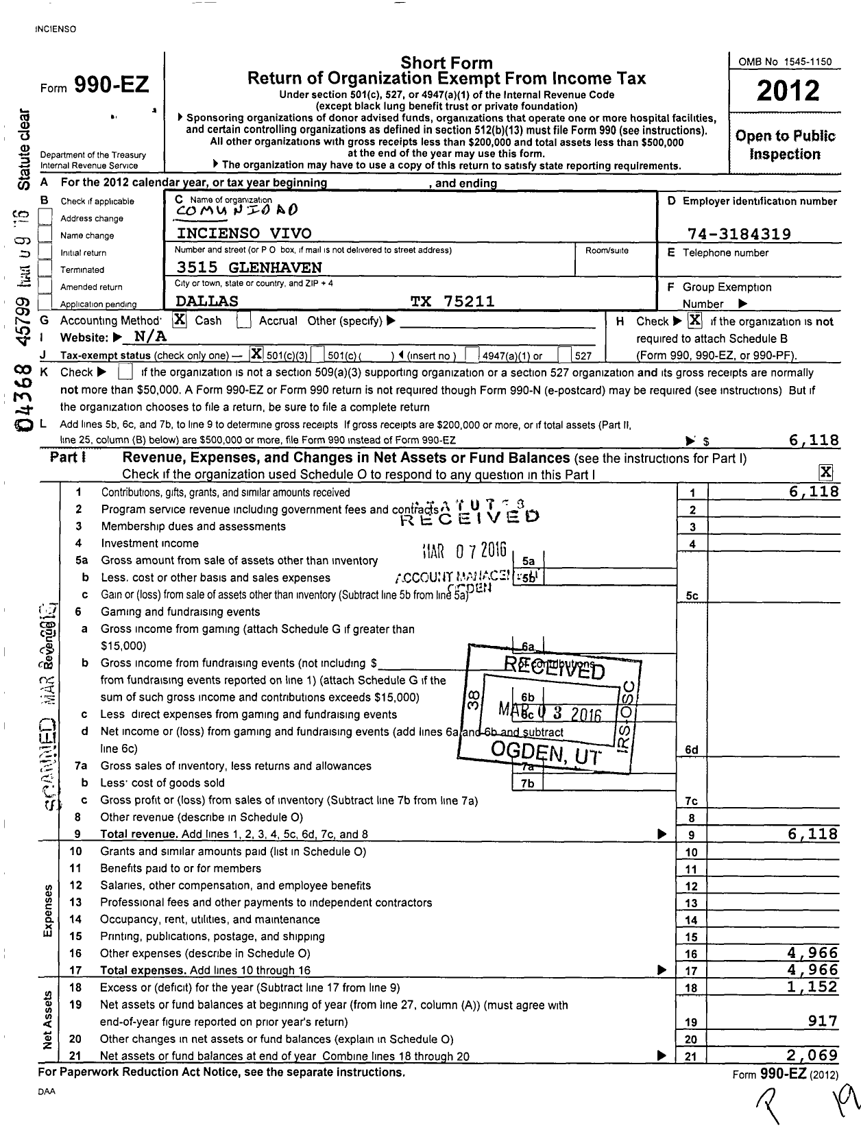 Image of first page of 2012 Form 990EZ for Comunidad Incienso Vivo