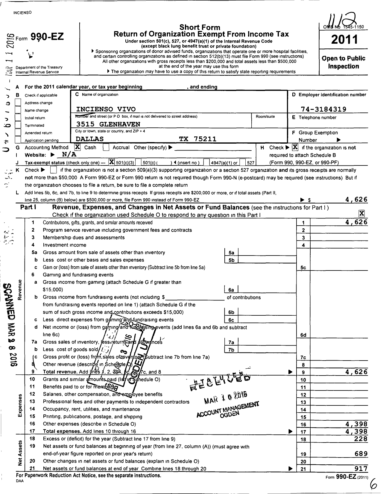 Image of first page of 2011 Form 990EZ for Comunidad Incienso Vivo