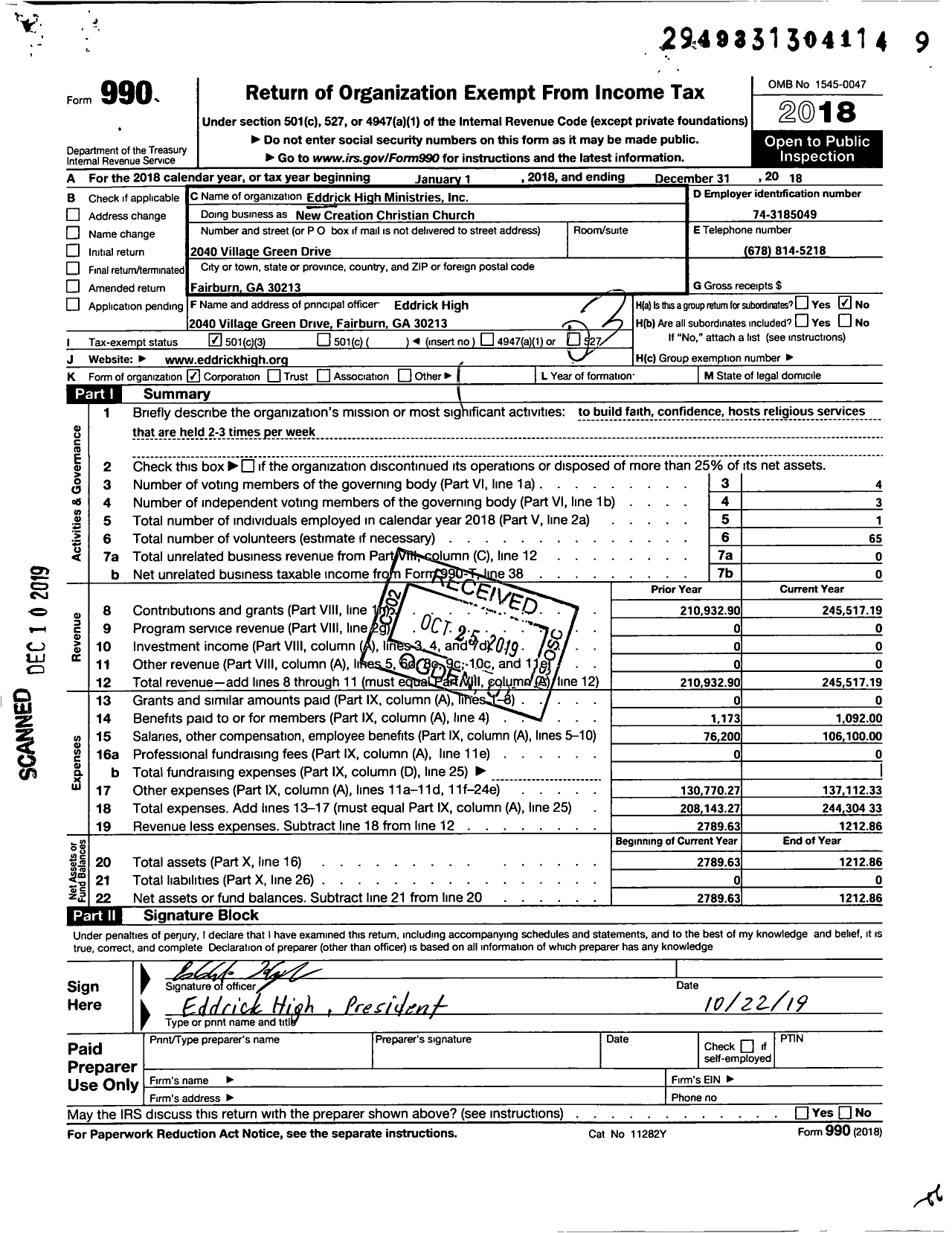 Image of first page of 2018 Form 990 for New Creation Christian Church / Eddrick High Ministries Inc