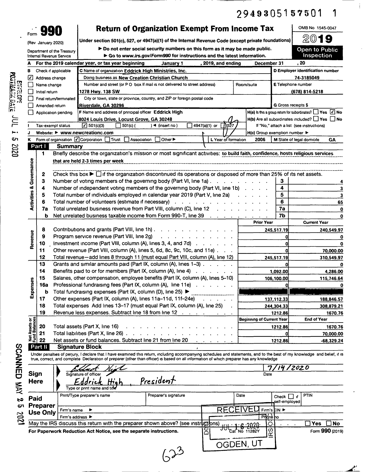 Image of first page of 2019 Form 990 for New Creation Christian Church / Eddrick High Ministries Inc