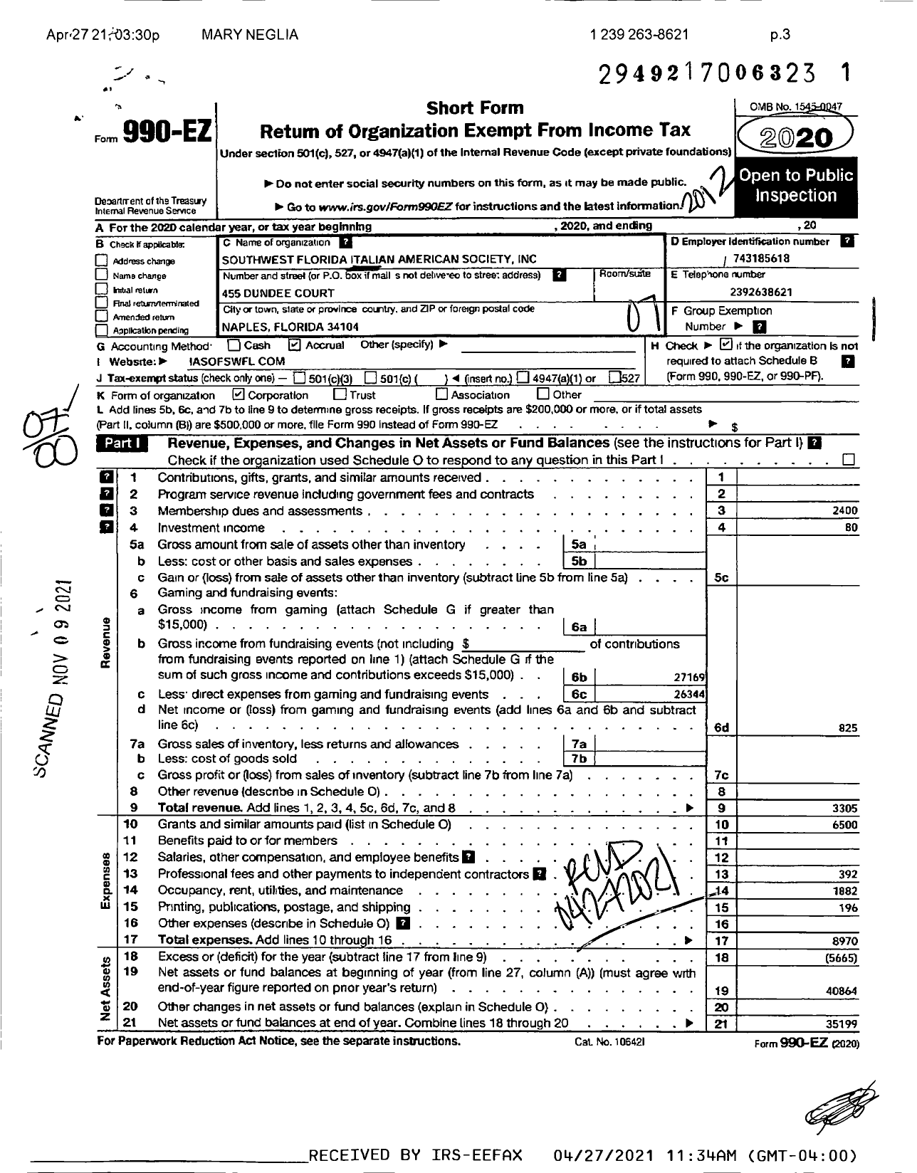 Image of first page of 2020 Form 990EO for Italian American Society of Southwest Florida