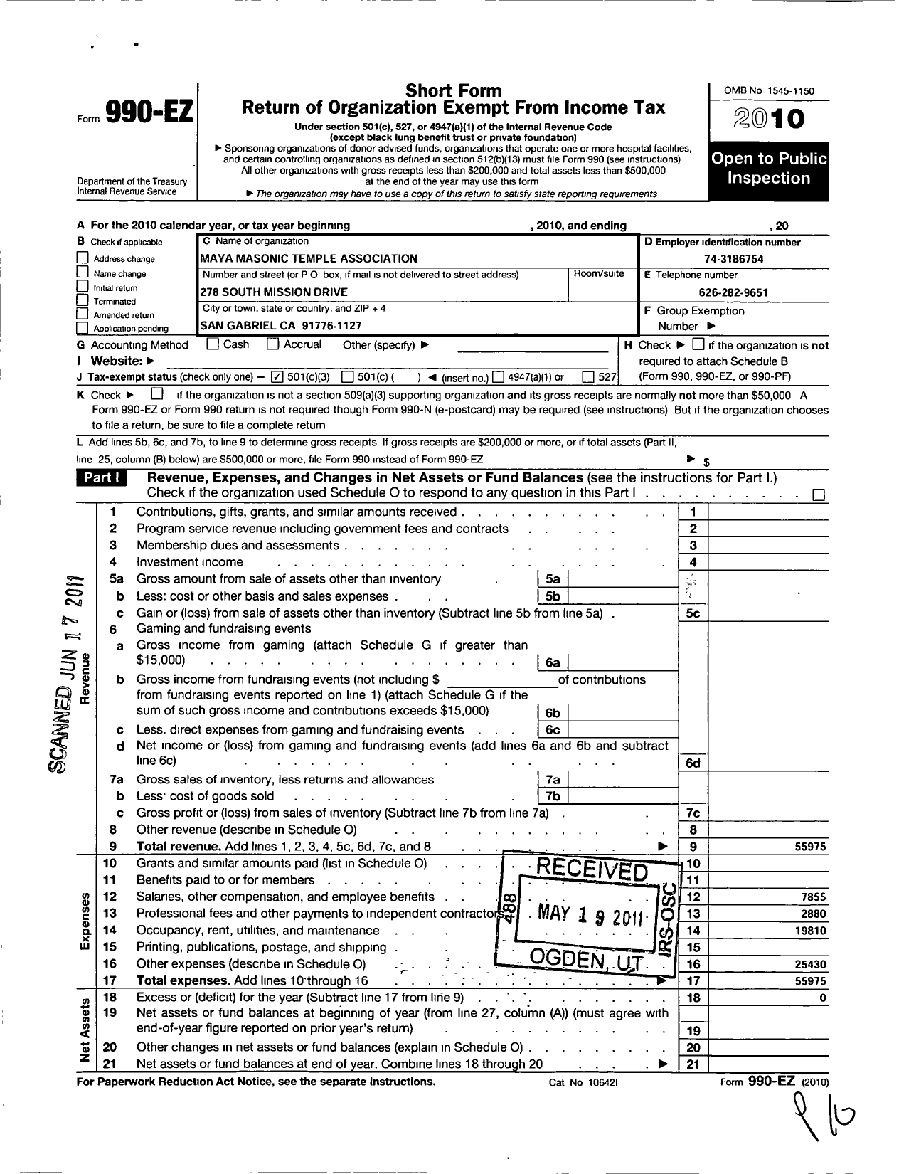 Image of first page of 2010 Form 990EZ for Maya Masonic Temple Association