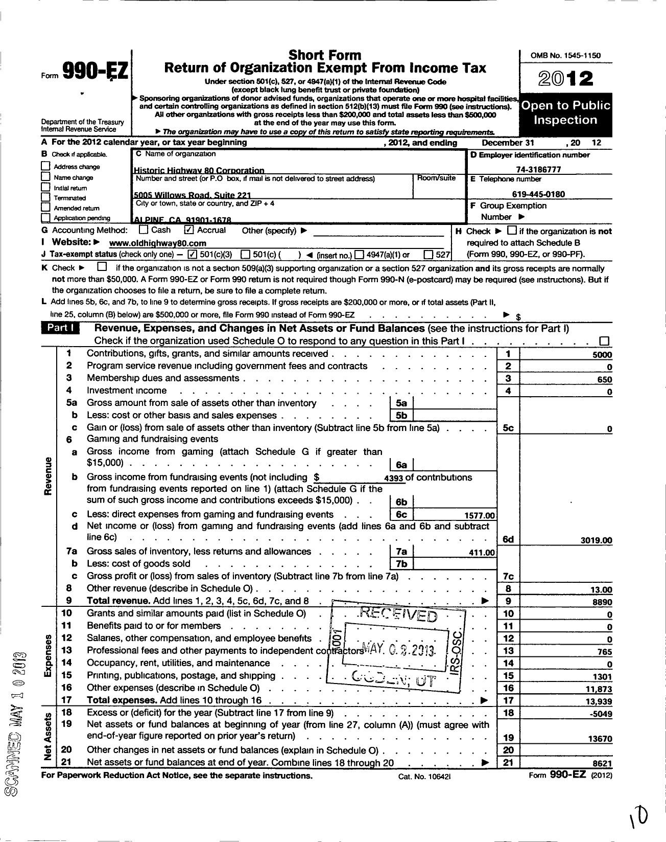 Image of first page of 2012 Form 990EZ for Historic Highway 80 Corporation