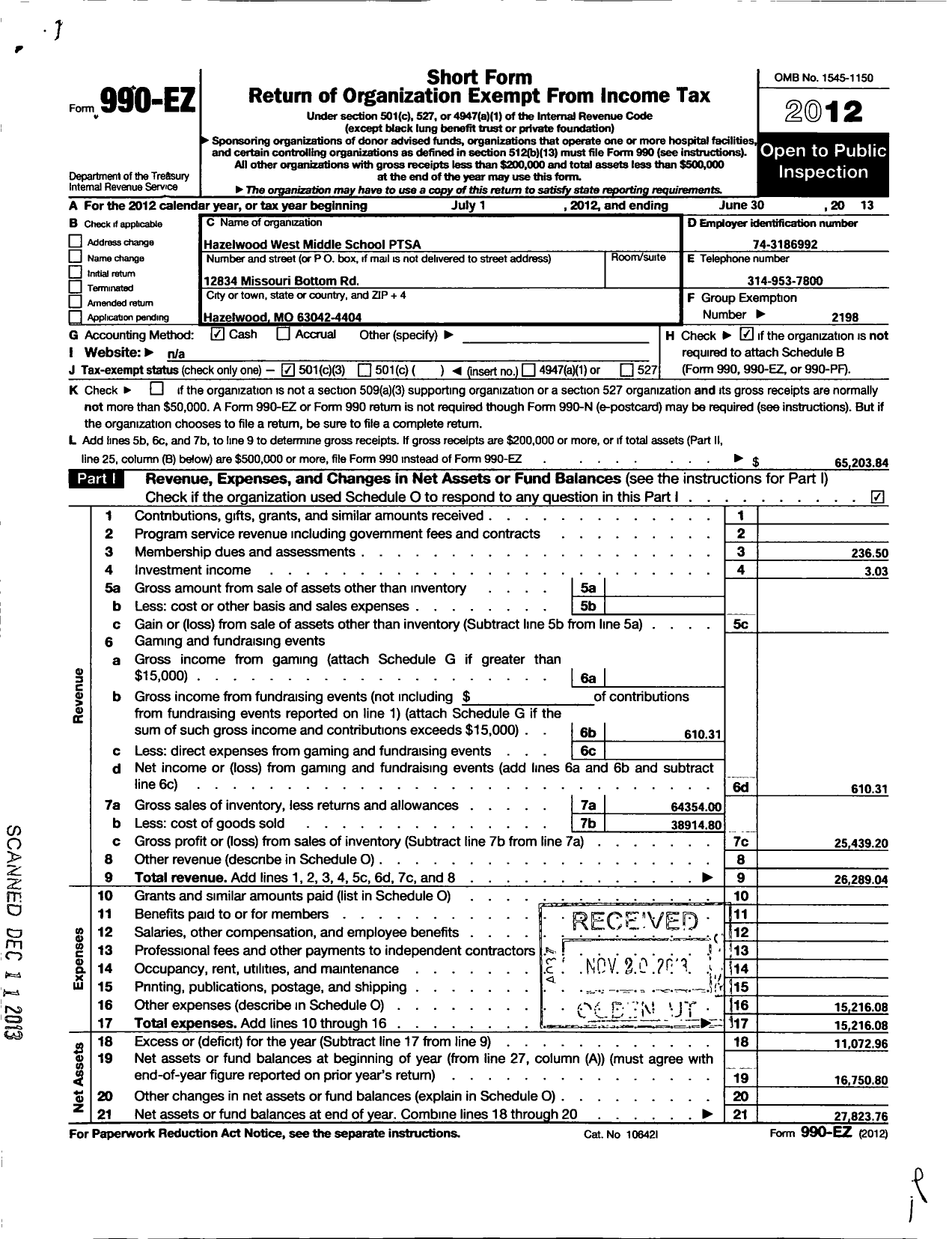 Image of first page of 2012 Form 990EZ for PTA Missouri Congress / Hazelwood West Middle School Ptsa