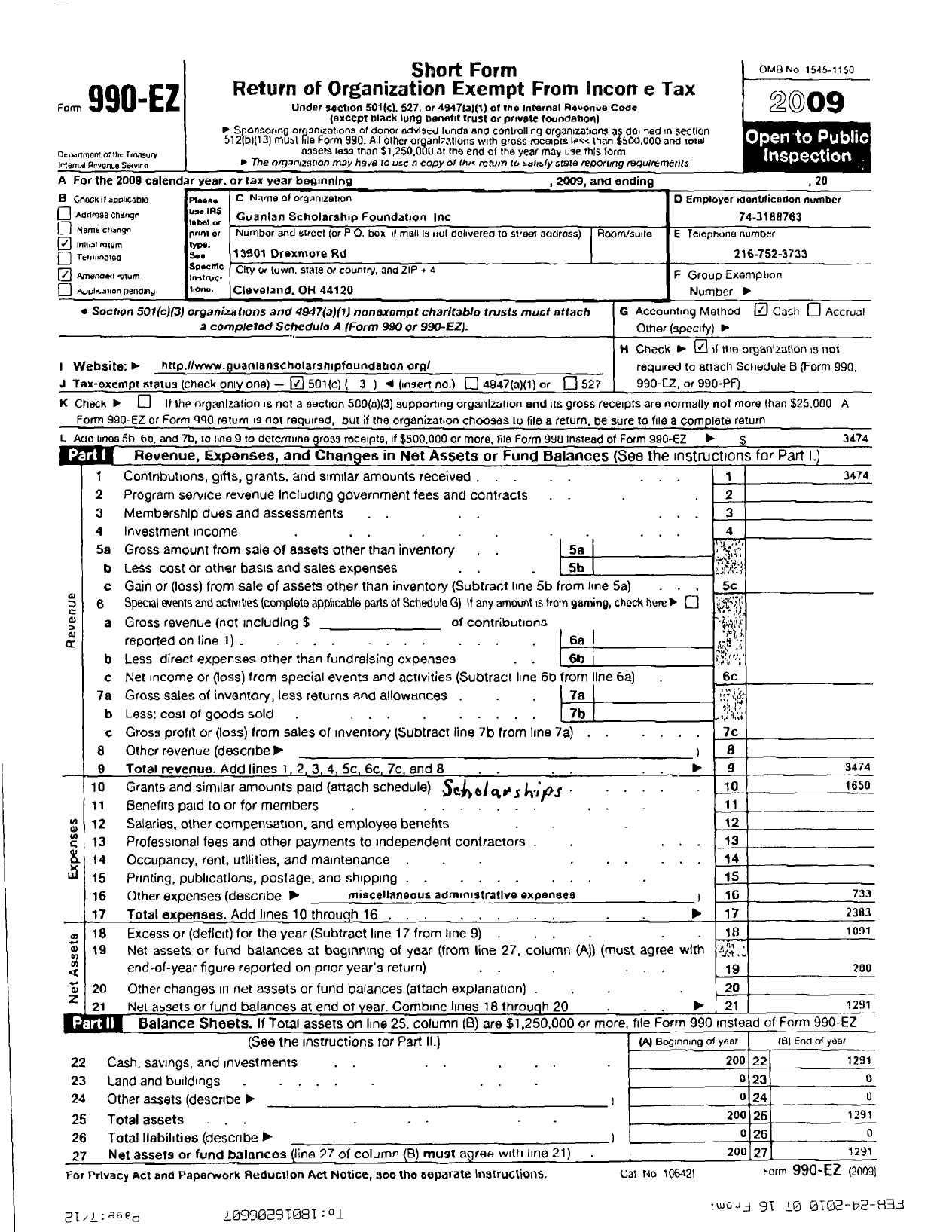 Image of first page of 2009 Form 990ER for Guanlan Scholarship Foundation