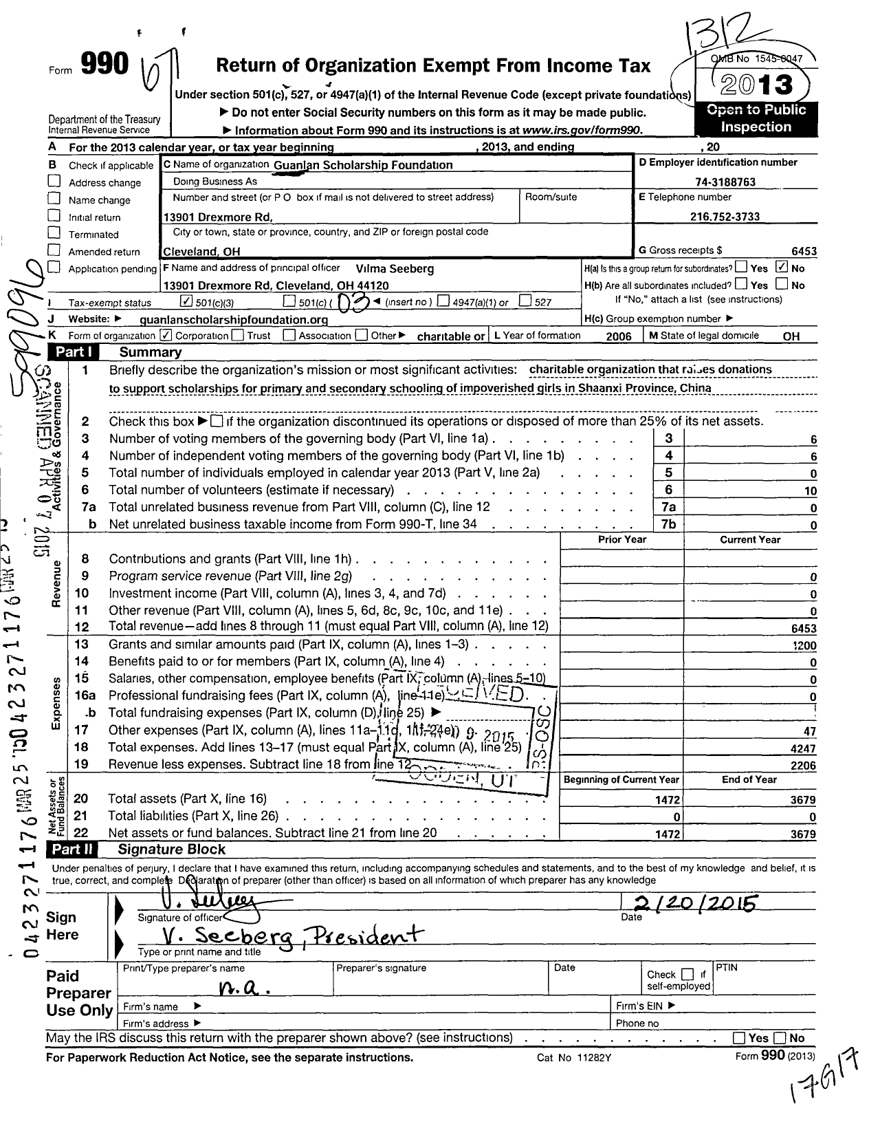 Image of first page of 2013 Form 990 for Guanlan Scholarship Foundation