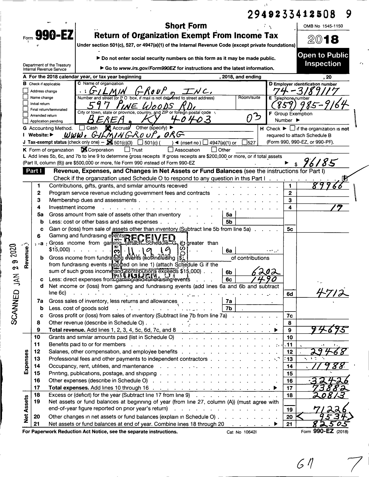 Image of first page of 2018 Form 990EZ for Gilmin Group