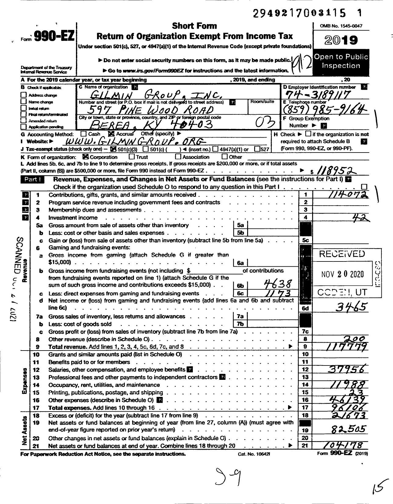 Image of first page of 2019 Form 990EZ for Gilmin Group