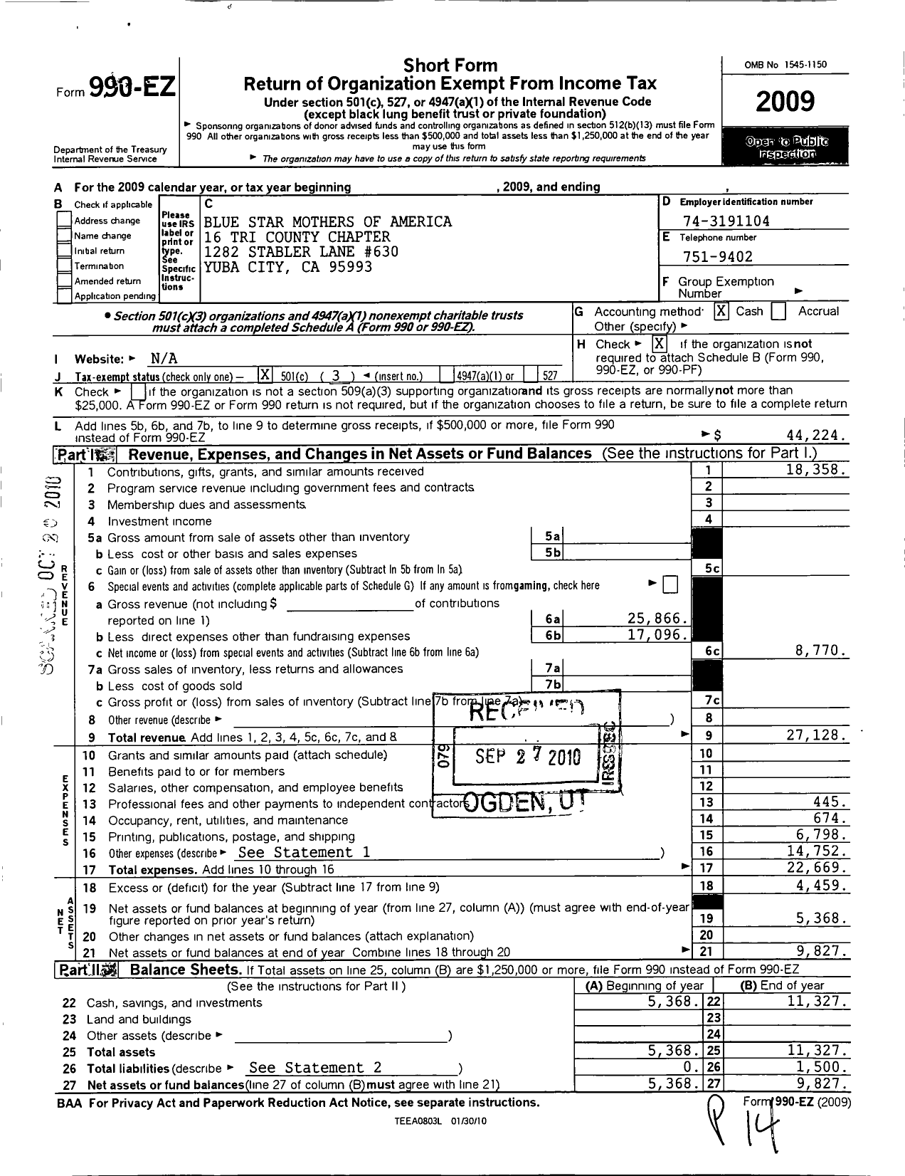 Image of first page of 2009 Form 990EZ for Blue Star Mothers of America / 16ca Tri Counties BSM