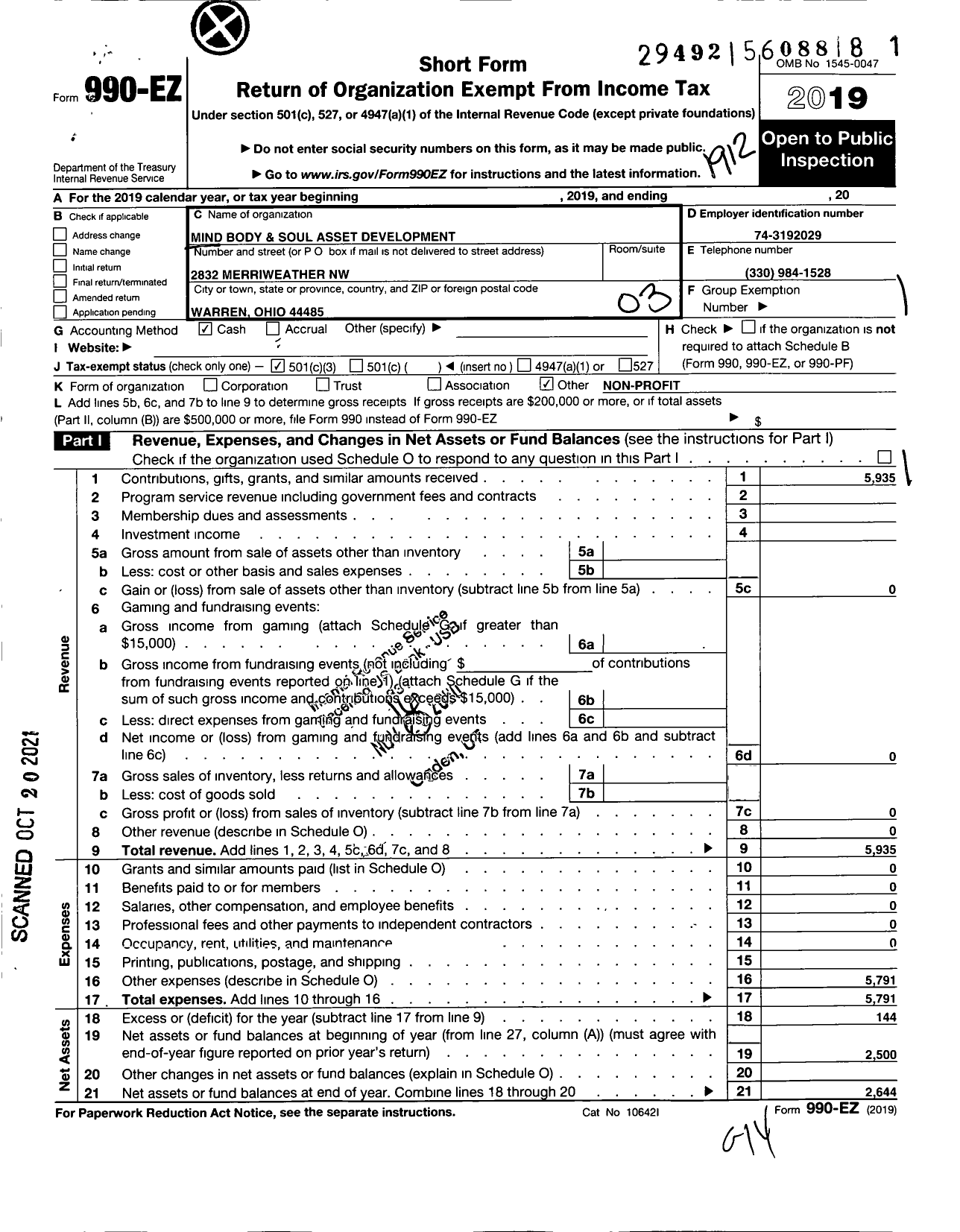 Image of first page of 2019 Form 990EZ for Mind Body and Soul Asset Development Center