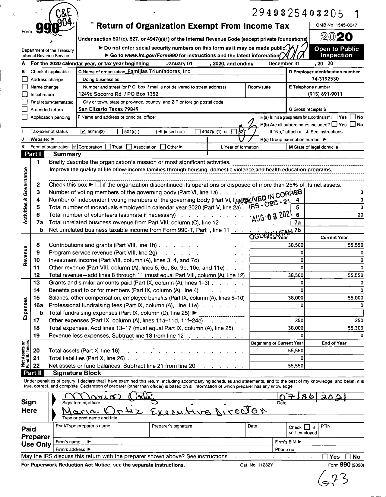 Image of first page of 2020 Form 990 for Familias Triunfadoras