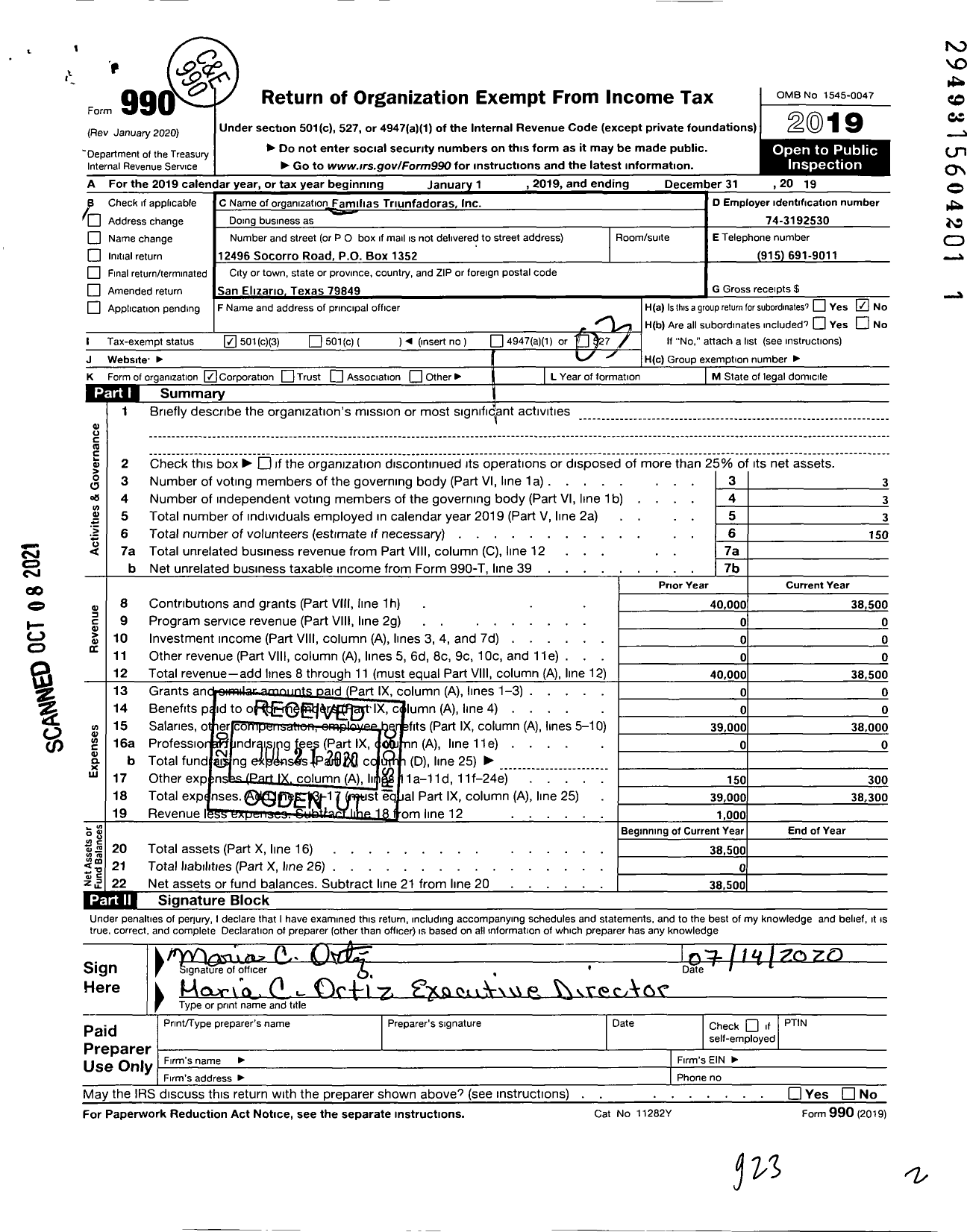 Image of first page of 2019 Form 990 for Familias Triunfadoras