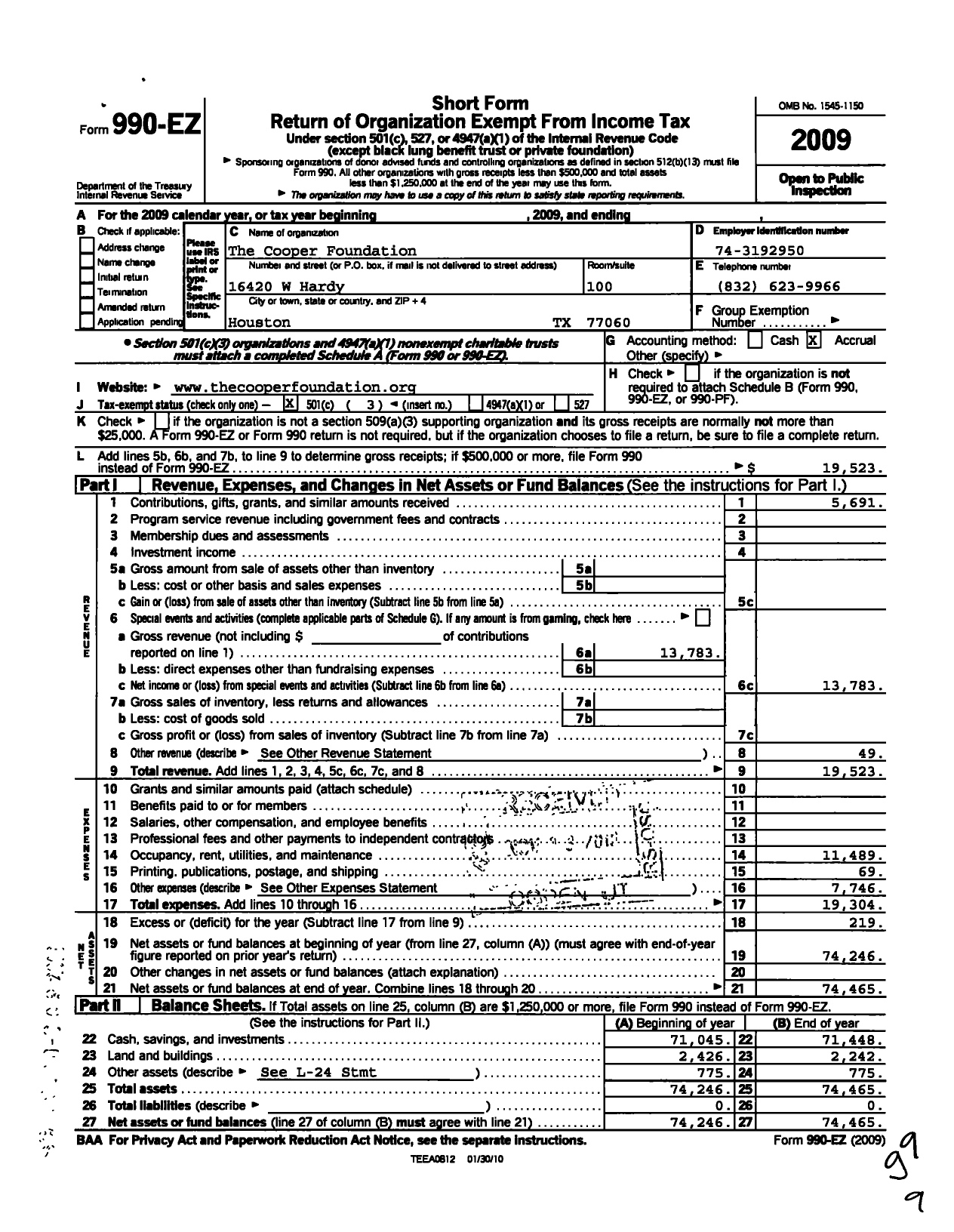 Image of first page of 2009 Form 990EZ for The Cooper Foundation