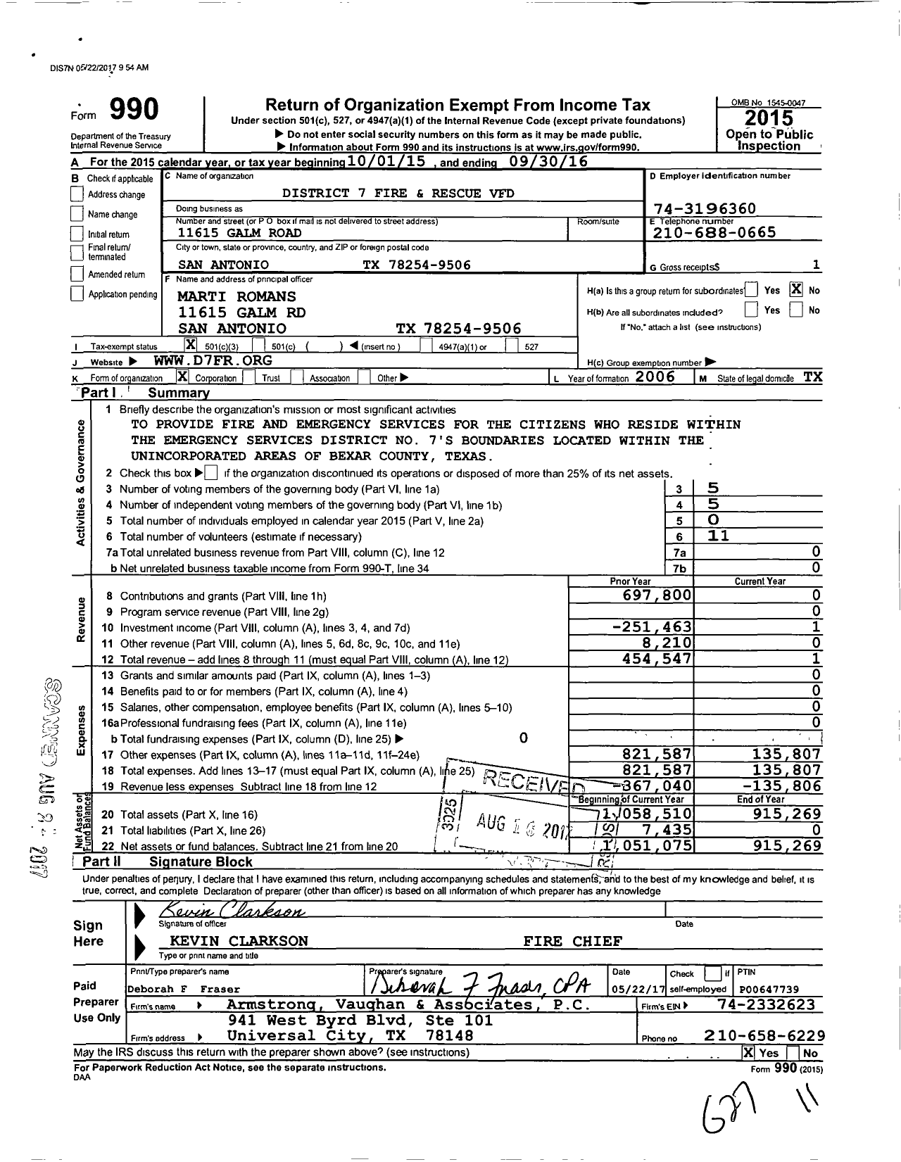 Image of first page of 2015 Form 990 for District 7 Fire and Rescue