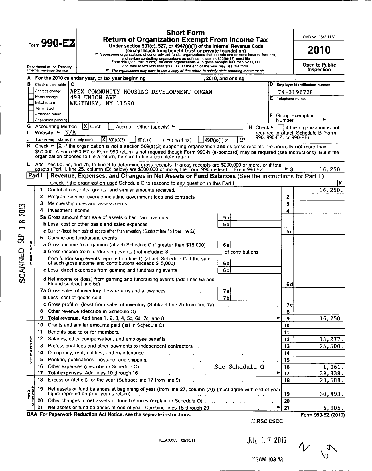 Image of first page of 2010 Form 990EZ for Apex Community Housing Development Organization