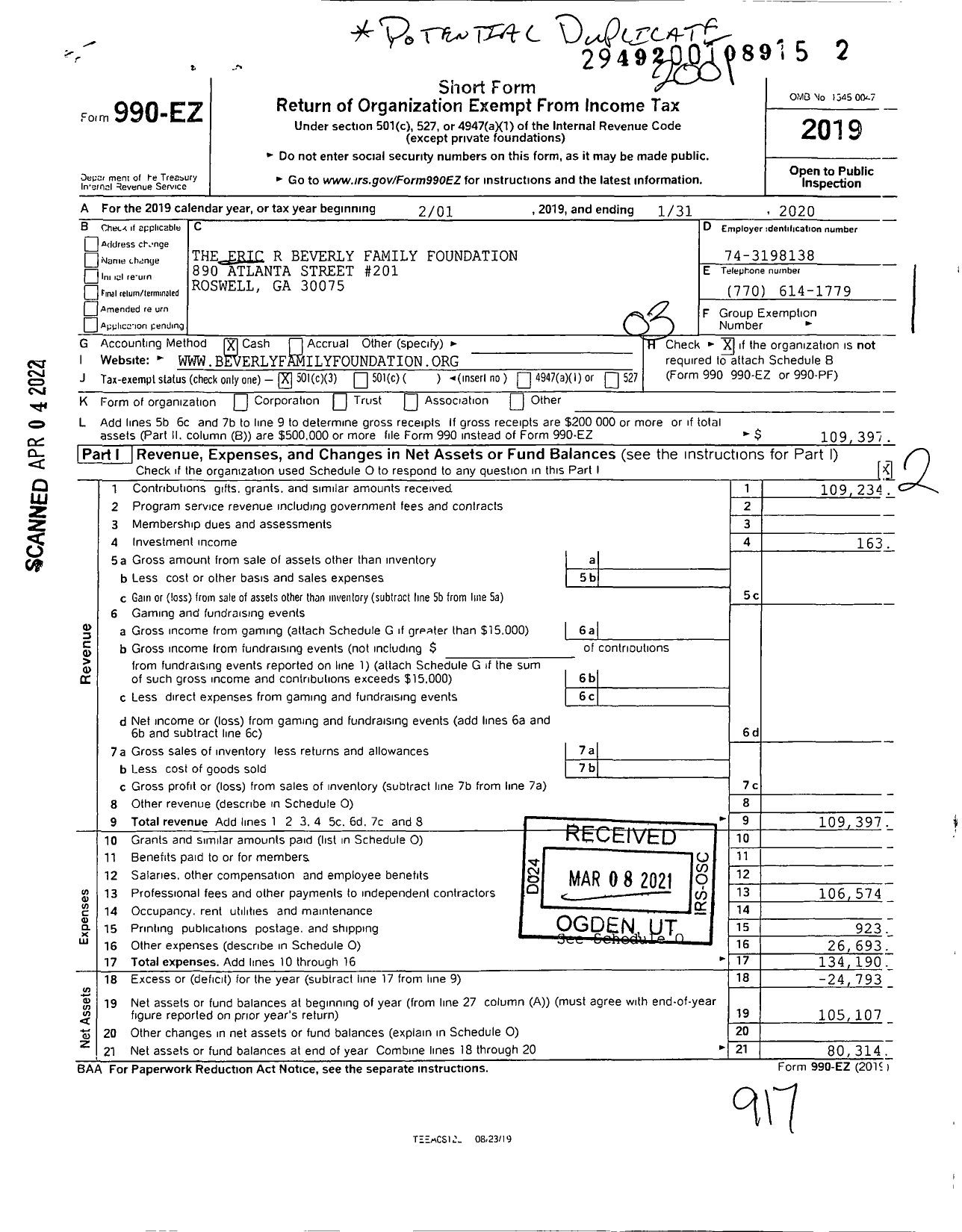 Image of first page of 2019 Form 990EZ for The Eric R Beverly Family Foundation