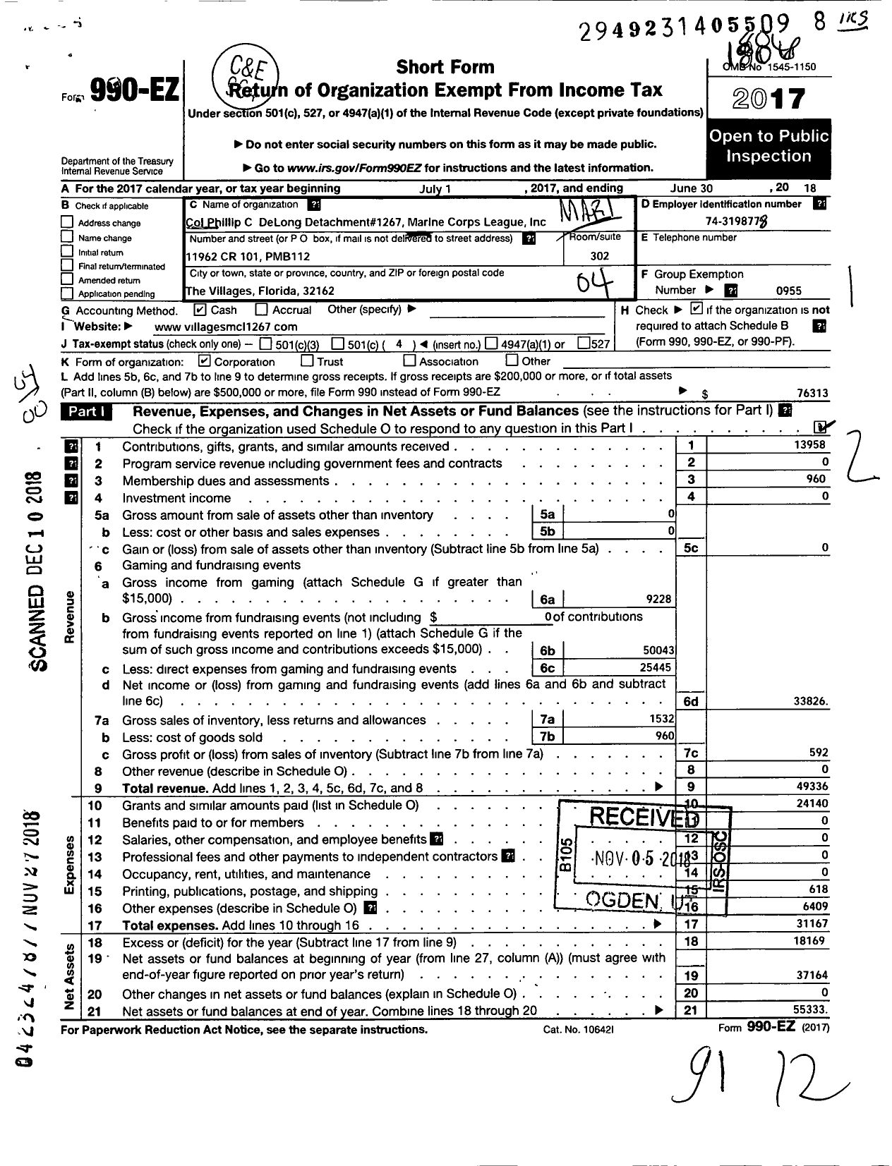 Image of first page of 2017 Form 990EO for MARINE CORPS LEAGUE - 1267 Colonel PHILLIP C DeLONG DET