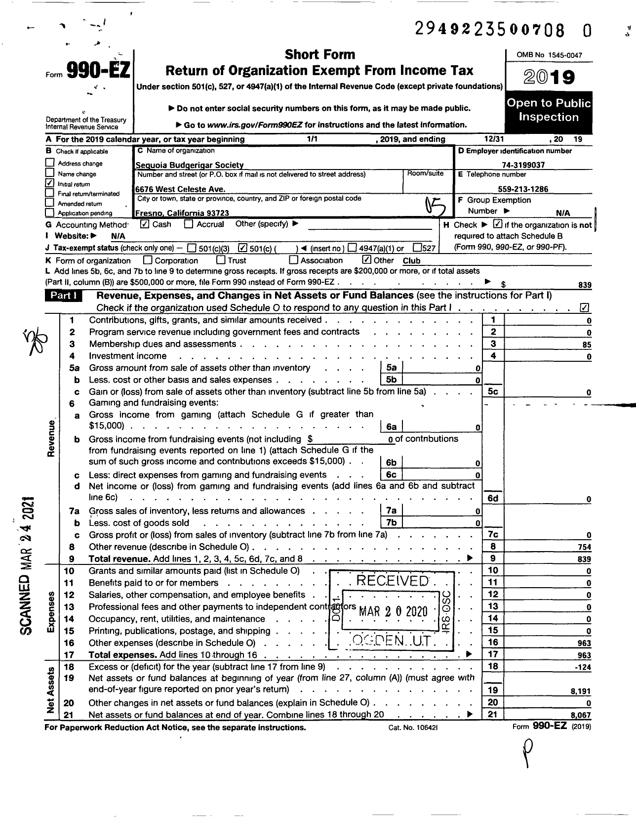 Image of first page of 2019 Form 990EO for Sequoia Budgerigar Society