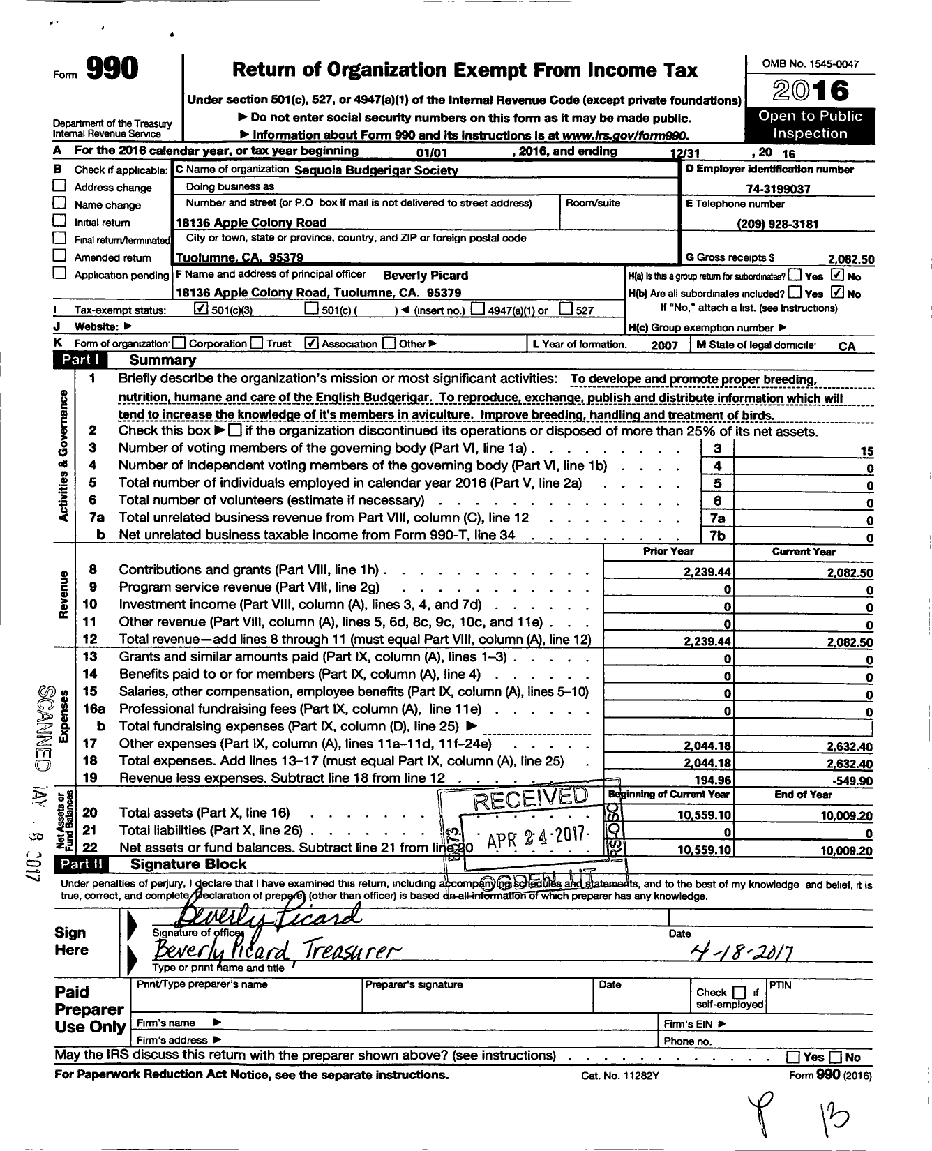 Image of first page of 2016 Form 990 for Sequoia Budgerigar Society