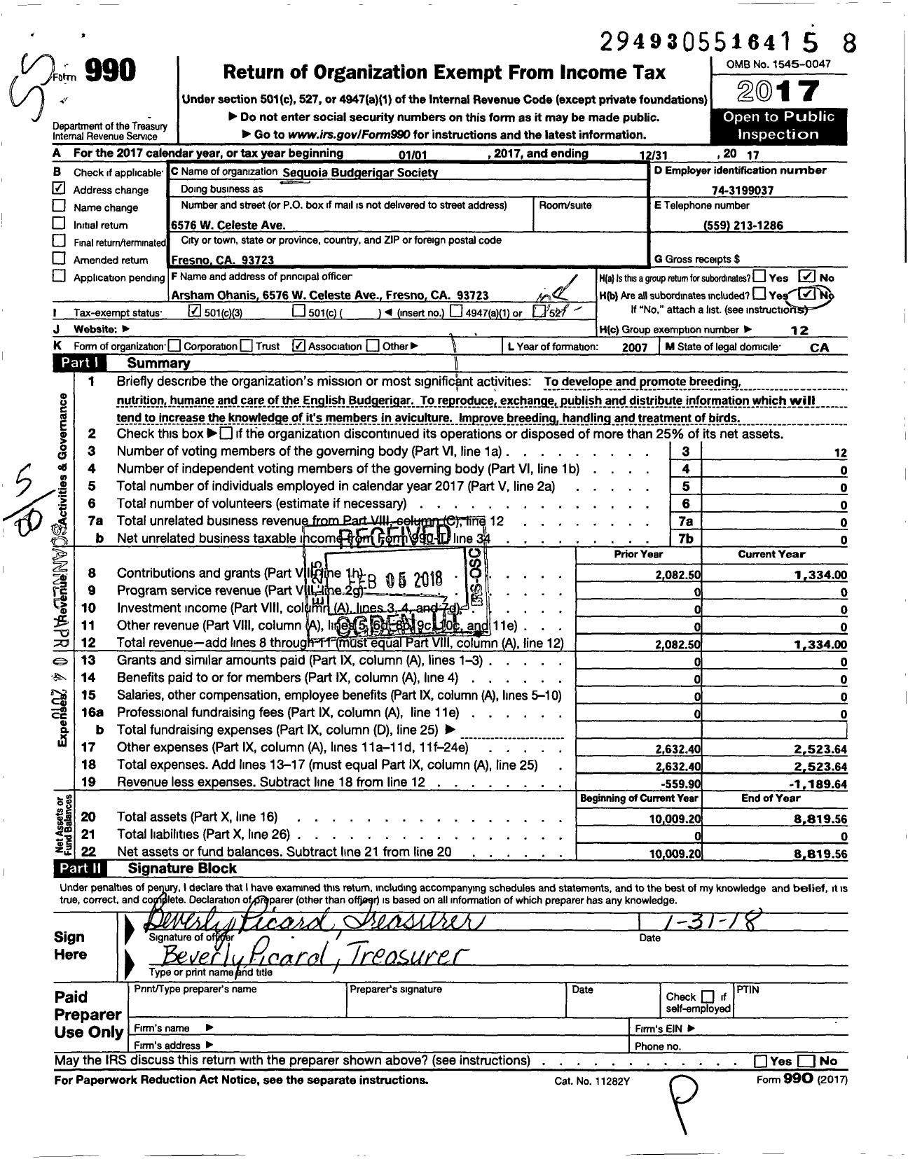 Image of first page of 2017 Form 990O for Sequoia Budgerigar Society