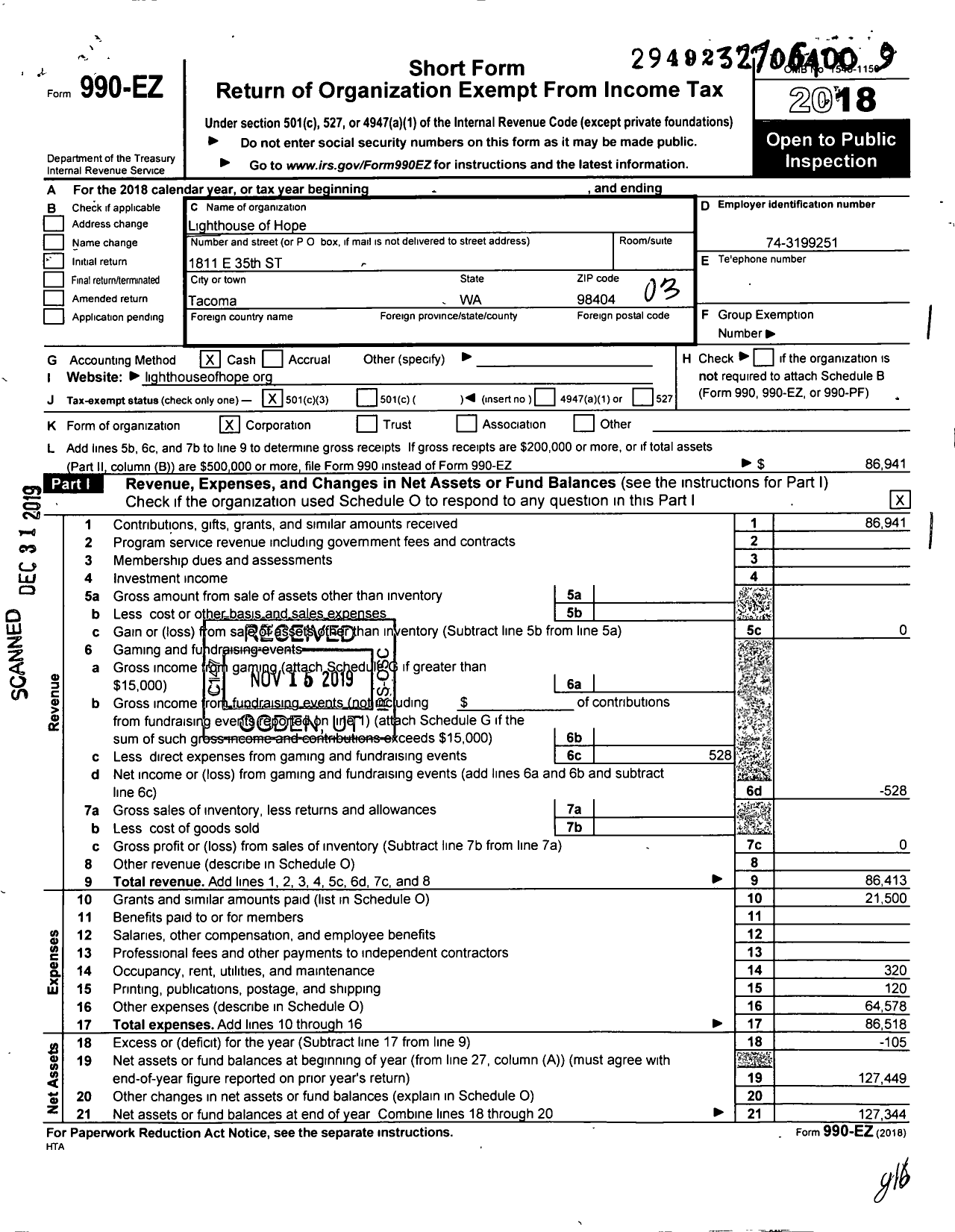 Image of first page of 2018 Form 990EZ for LightHouse of Hope