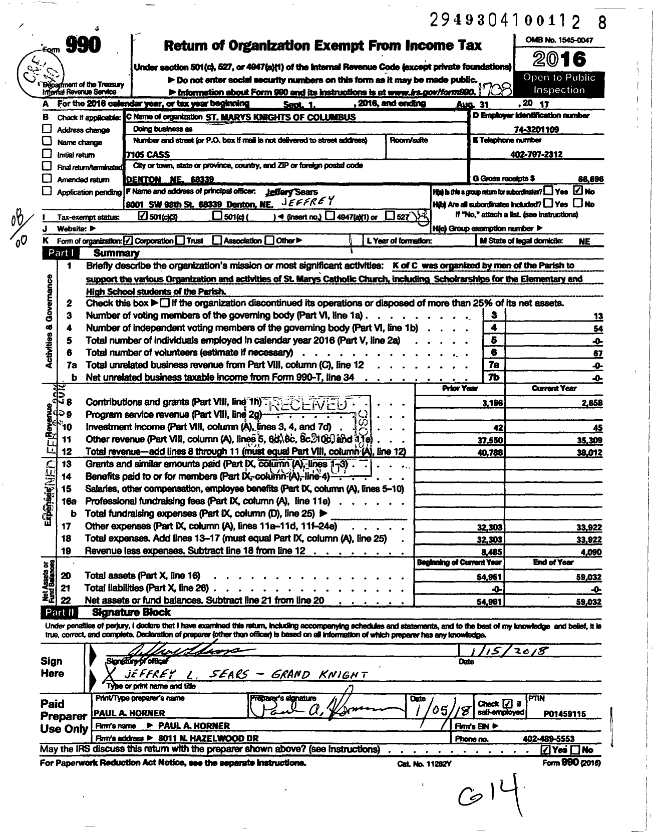 Image of first page of 2016 Form 990O for Knights of Columbus - St Marys Knights of Columbus