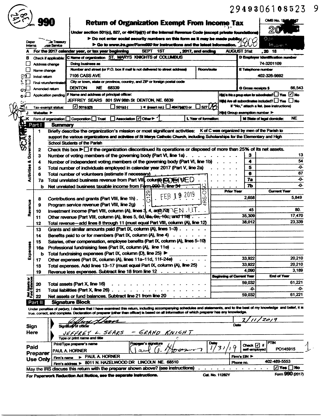 Image of first page of 2017 Form 990O for Knights of Columbus - St Marys Knights of Columbus