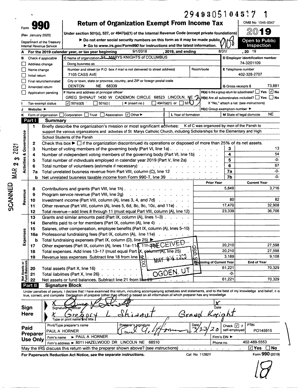 Image of first page of 2018 Form 990 for Knights of Columbus - St Marys Knights of Columbus