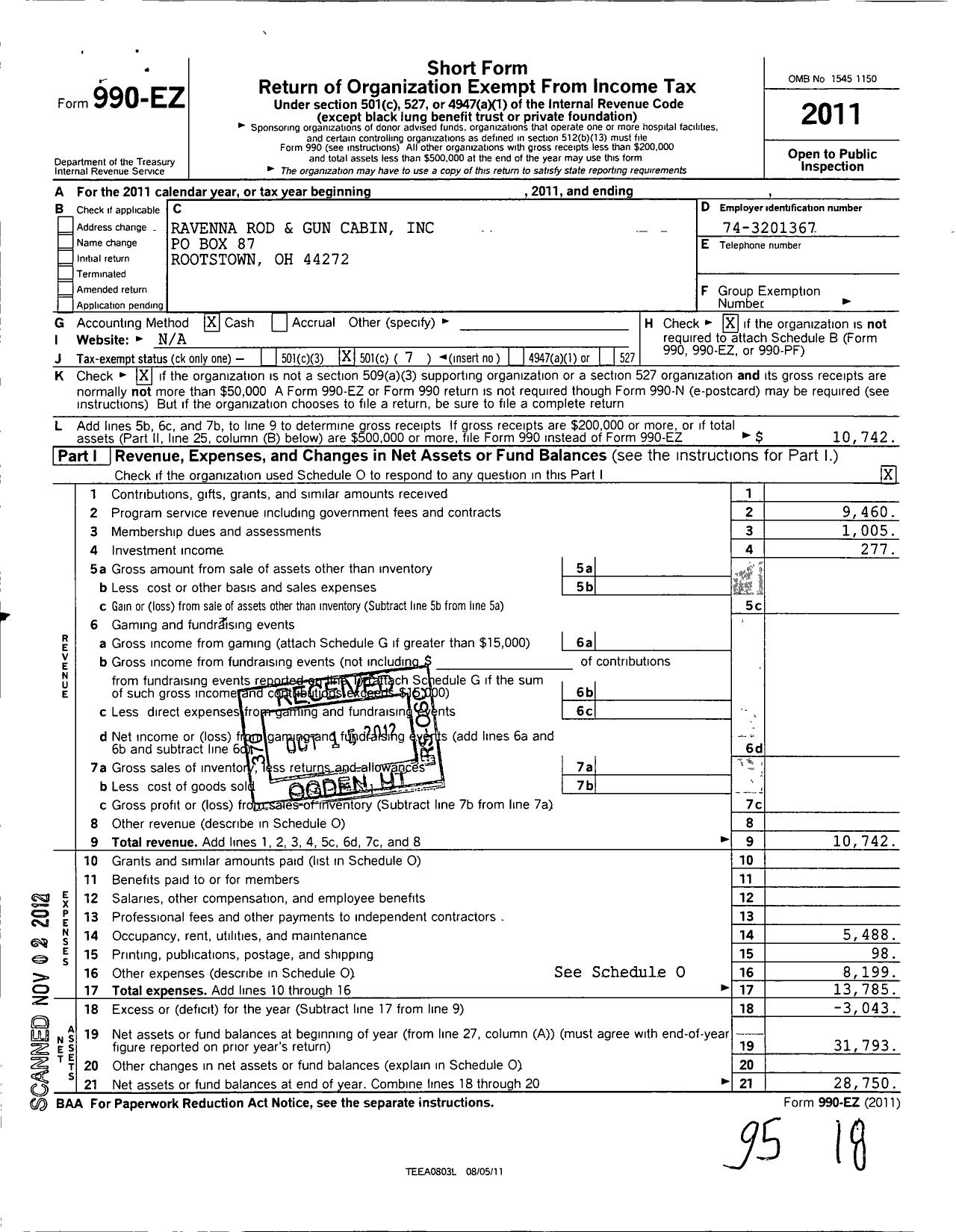 Image of first page of 2011 Form 990EO for Ravenna Rod and Gun Cabin