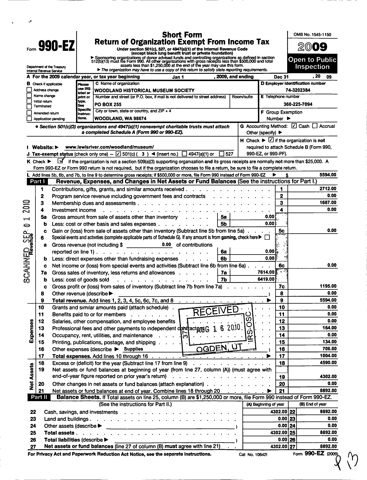 Image of first page of 2009 Form 990EZ for Woodland Historical Museum Society