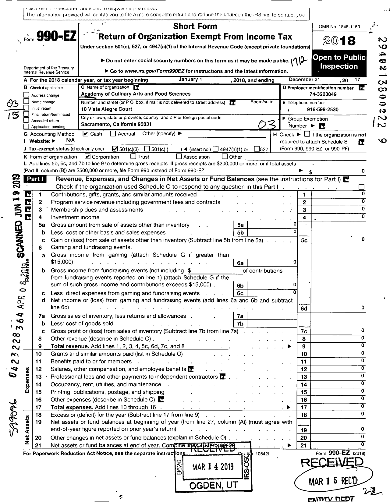 Image of first page of 2017 Form 990EZ for Academy of Culinary Arts and Food Sciences