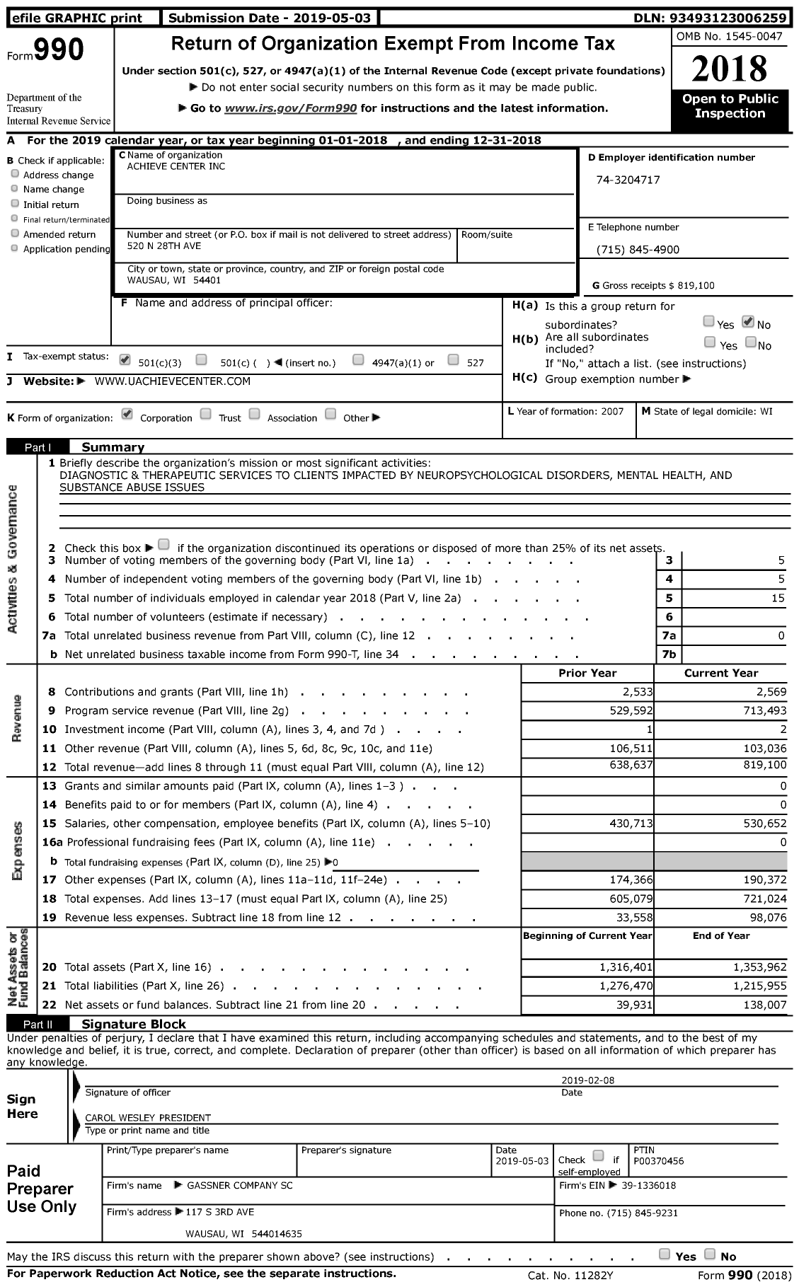Image of first page of 2018 Form 990 for Achieve Center
