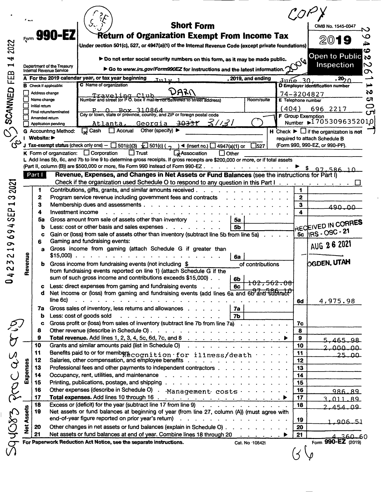 Image of first page of 2019 Form 990EO for Traveling Club