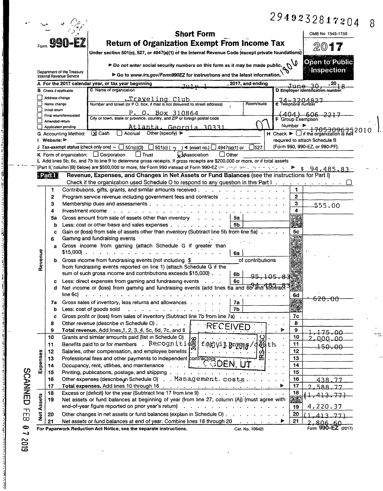 Image of first page of 2017 Form 990EO for Traveling Club