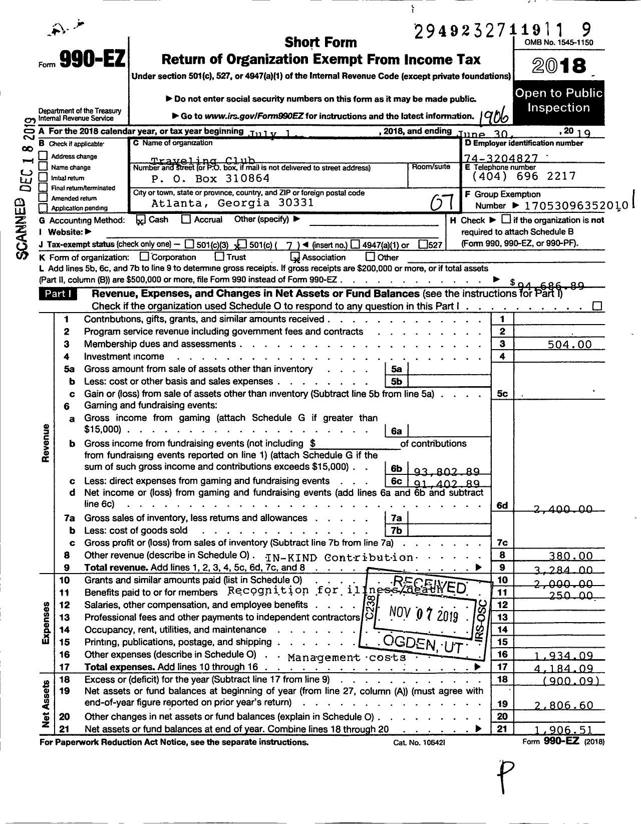 Image of first page of 2018 Form 990EO for Traveling Club