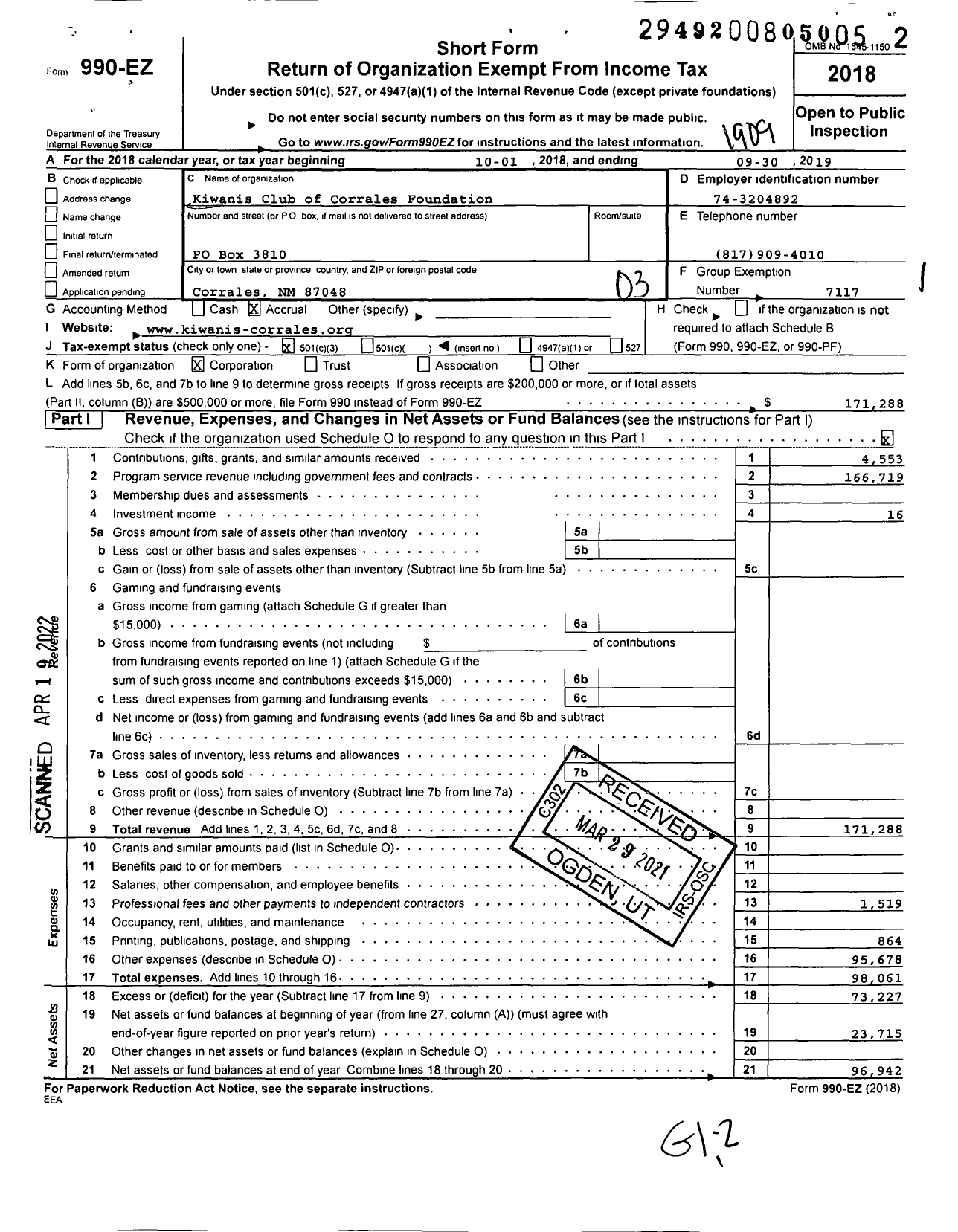 Image of first page of 2018 Form 990EZ for Kiwanis Club of Corrales Foundation