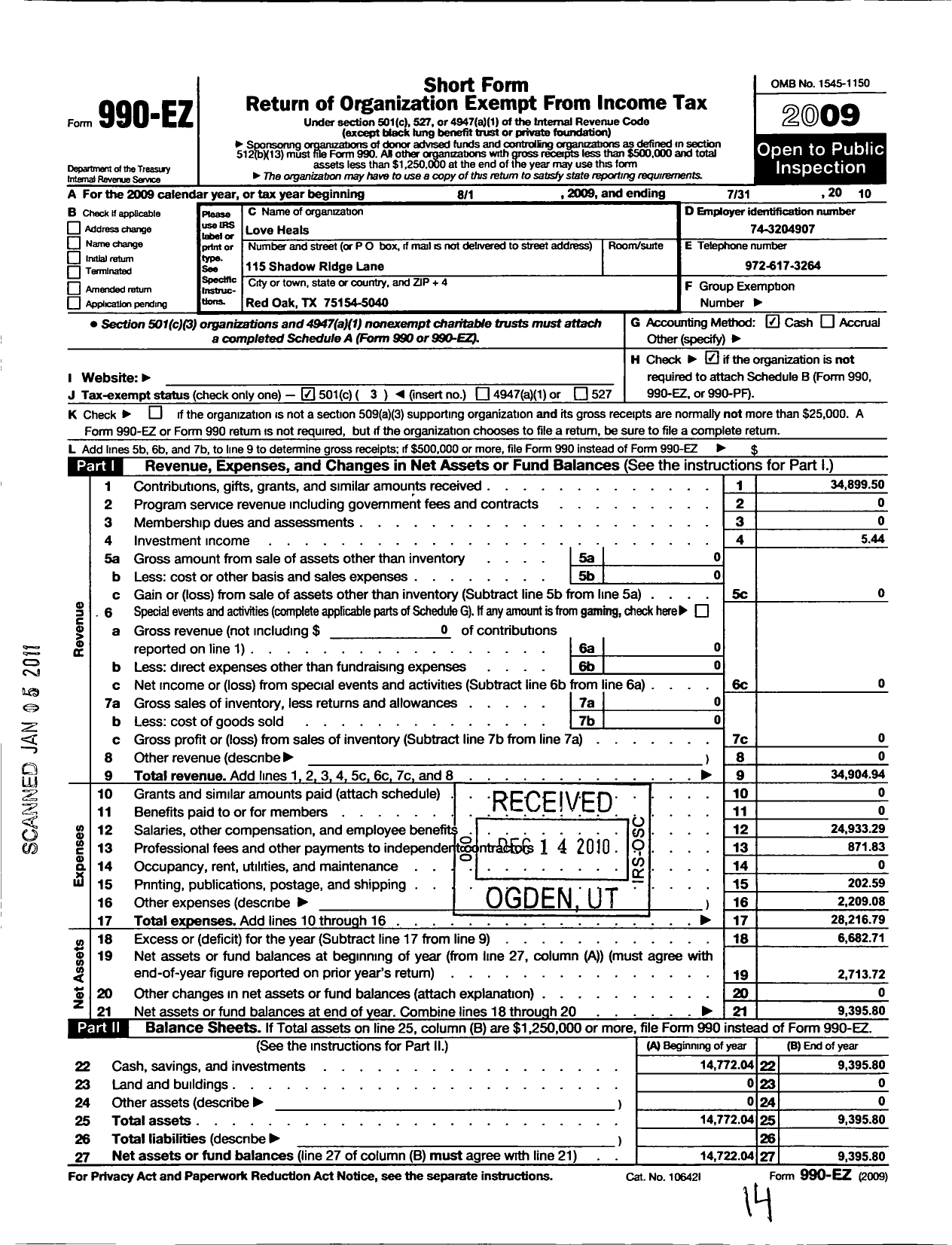 Image of first page of 2009 Form 990EZ for Love Heals