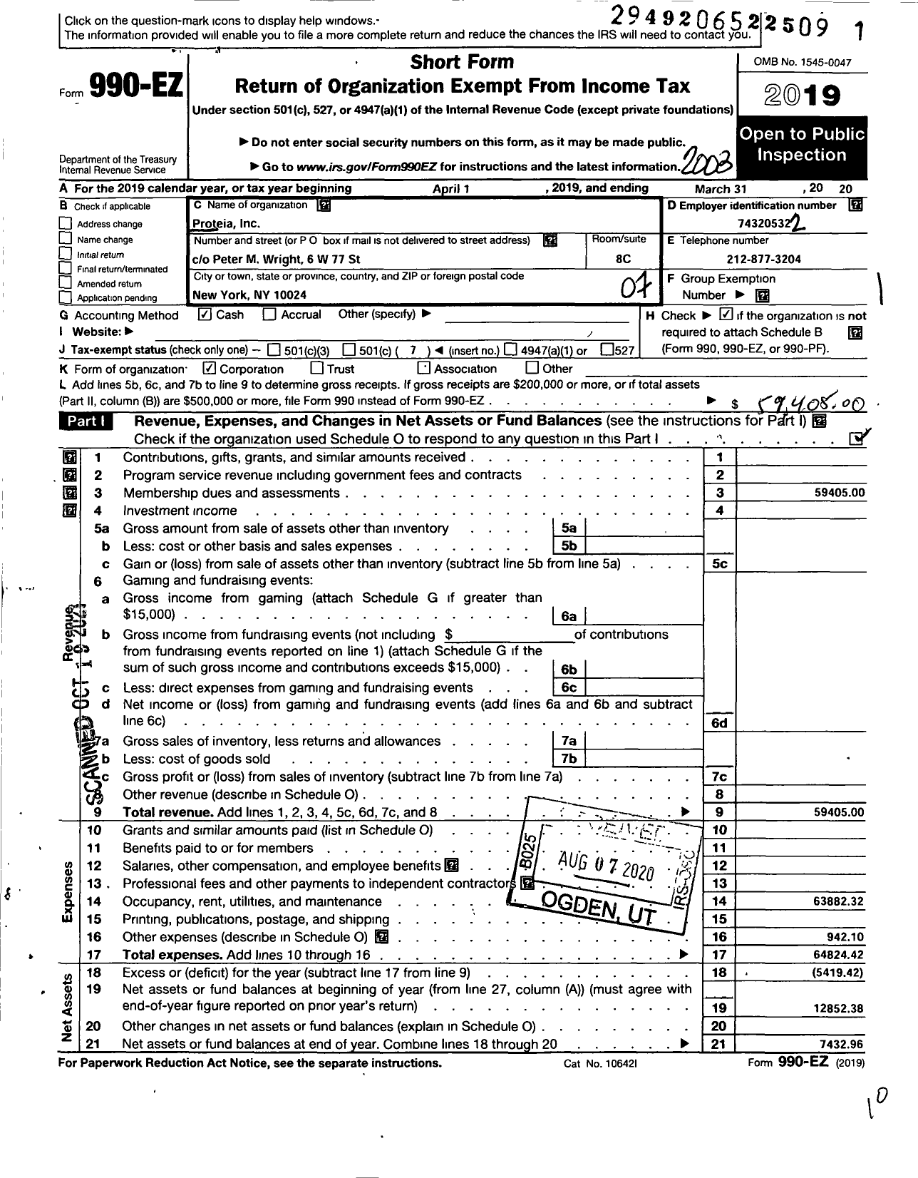 Image of first page of 2019 Form 990EO for Proteia